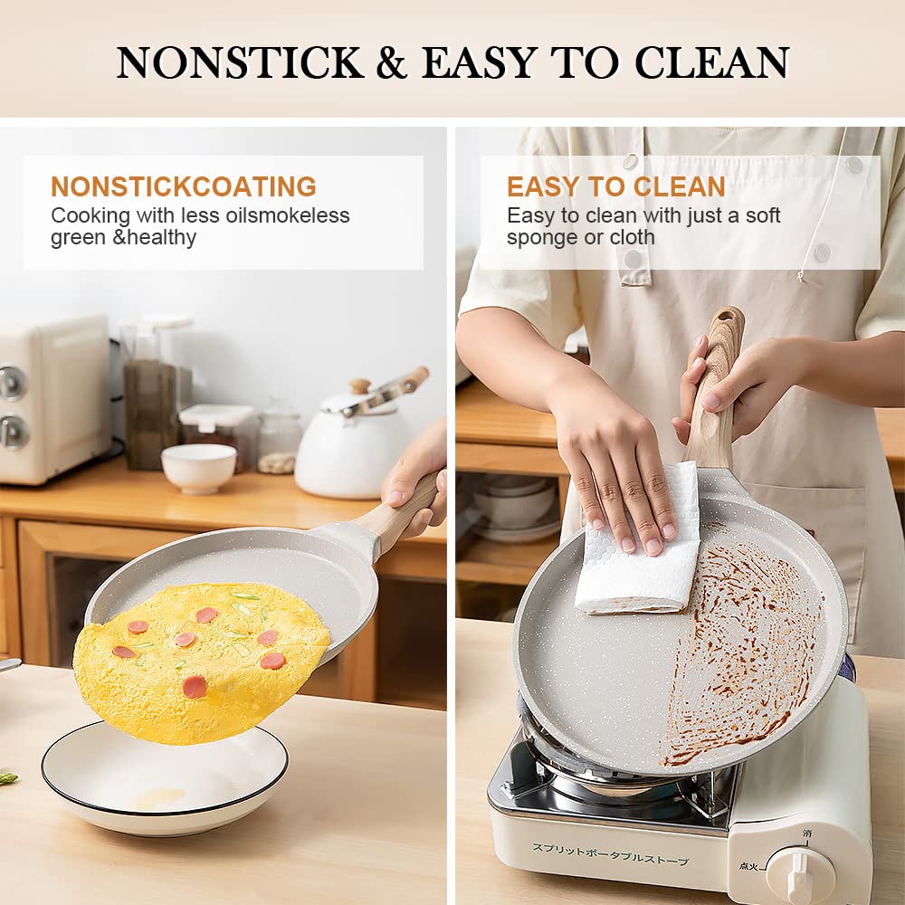 8 Inch Nonstick Crepe Pan with Spreader - Roti, Dosa, Tortilla, Tawa Flat Griddle Pan - Induction Compatible - Perfect for Indian Cooking, Breakfast Crepes & Mexican Cuisine - White
