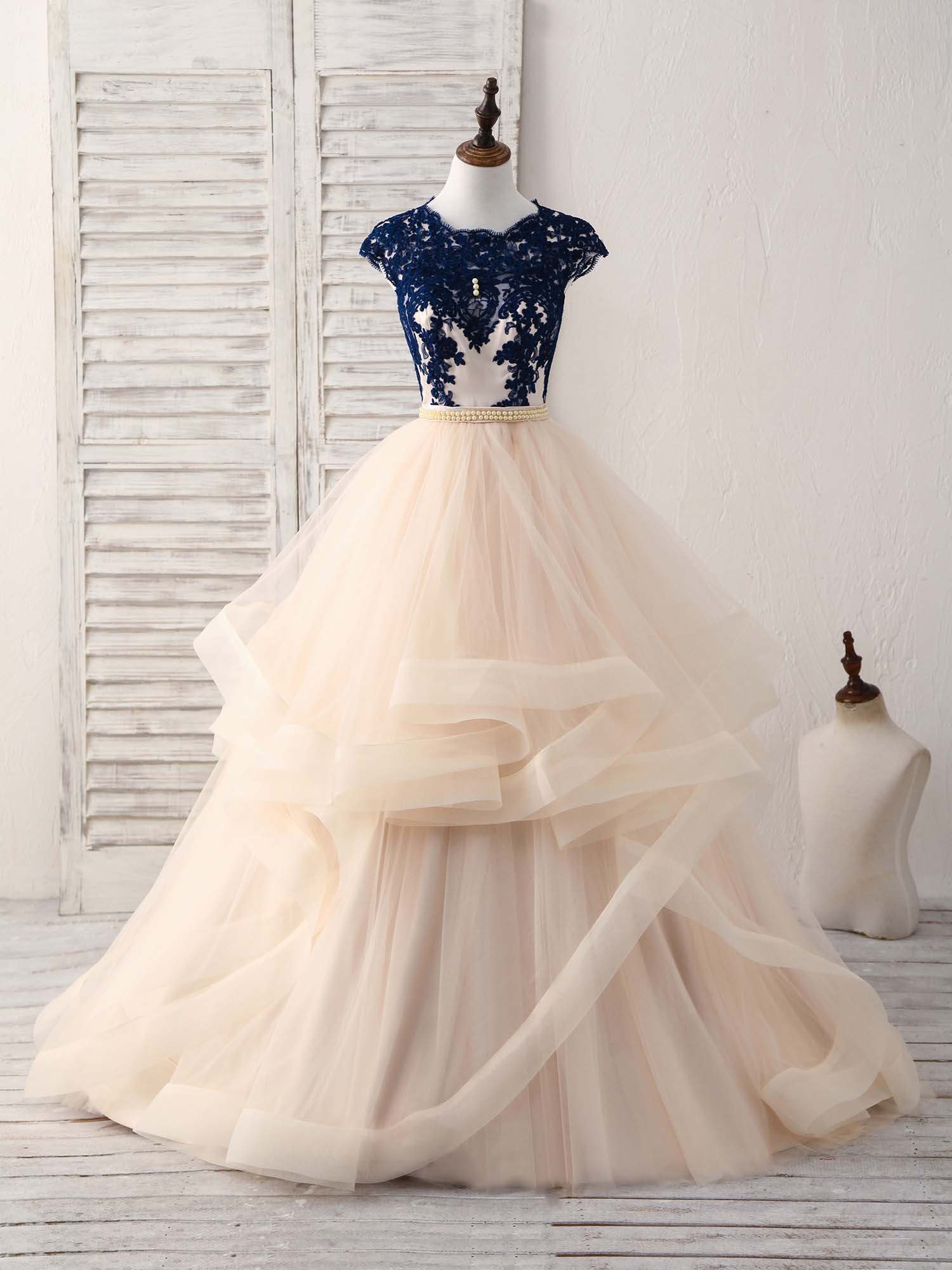Elegant Blue & Champagne Tulle Lace Applique Long Prom Dress for Women - Perfect for Evening Gala, Formal Dance & Special Occasions