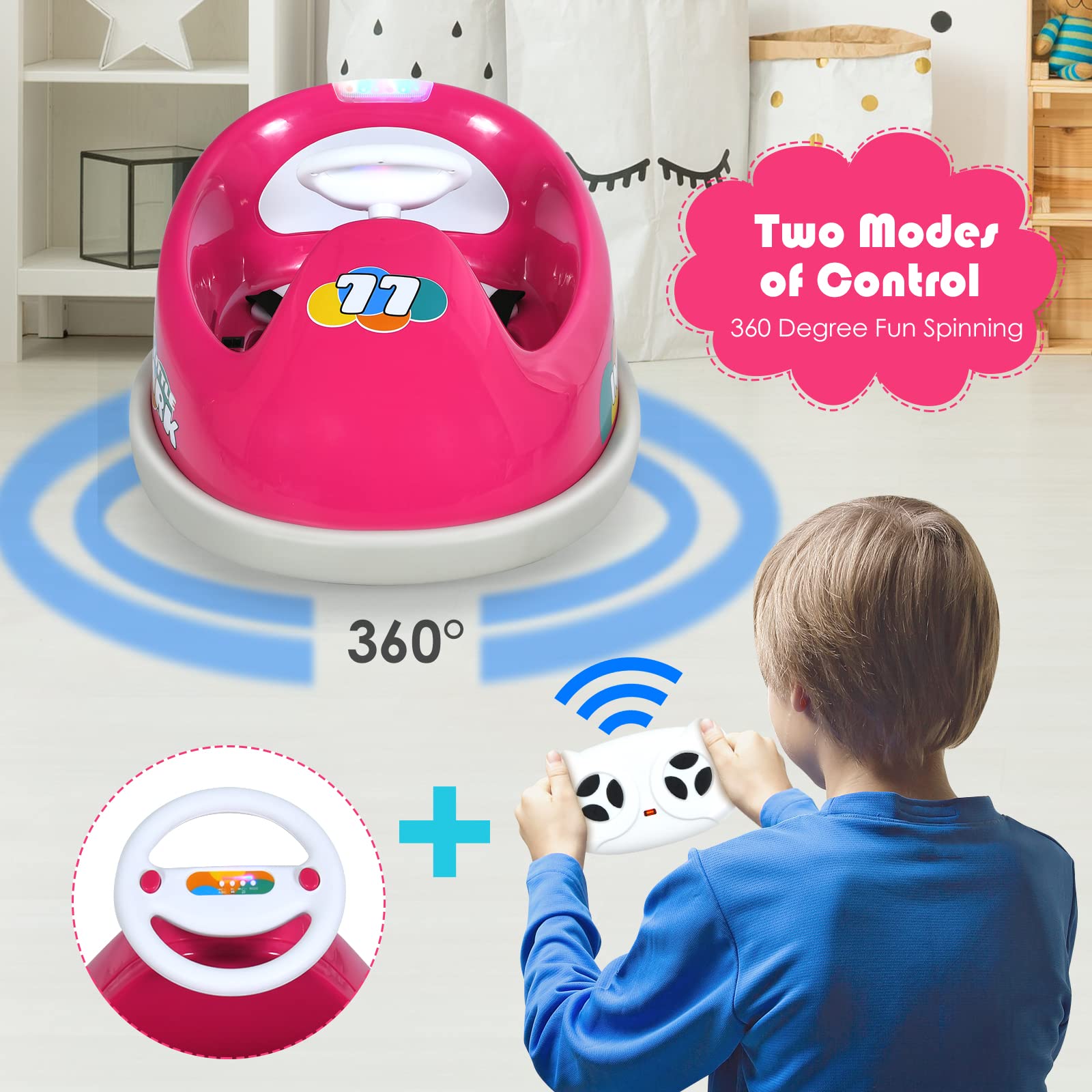 INFANS 6V Kids Electric Ride On Car with Remote Control - 360° Spin, LED Lights, Bluetooth Music & 2 Driving Modes - Rechargeable Battery Powered Bumper Toy for Boys & Girls (Rose) - Perfect for Indoor/Outdoor Play, Birthday Gifts & Toddler Entertainment