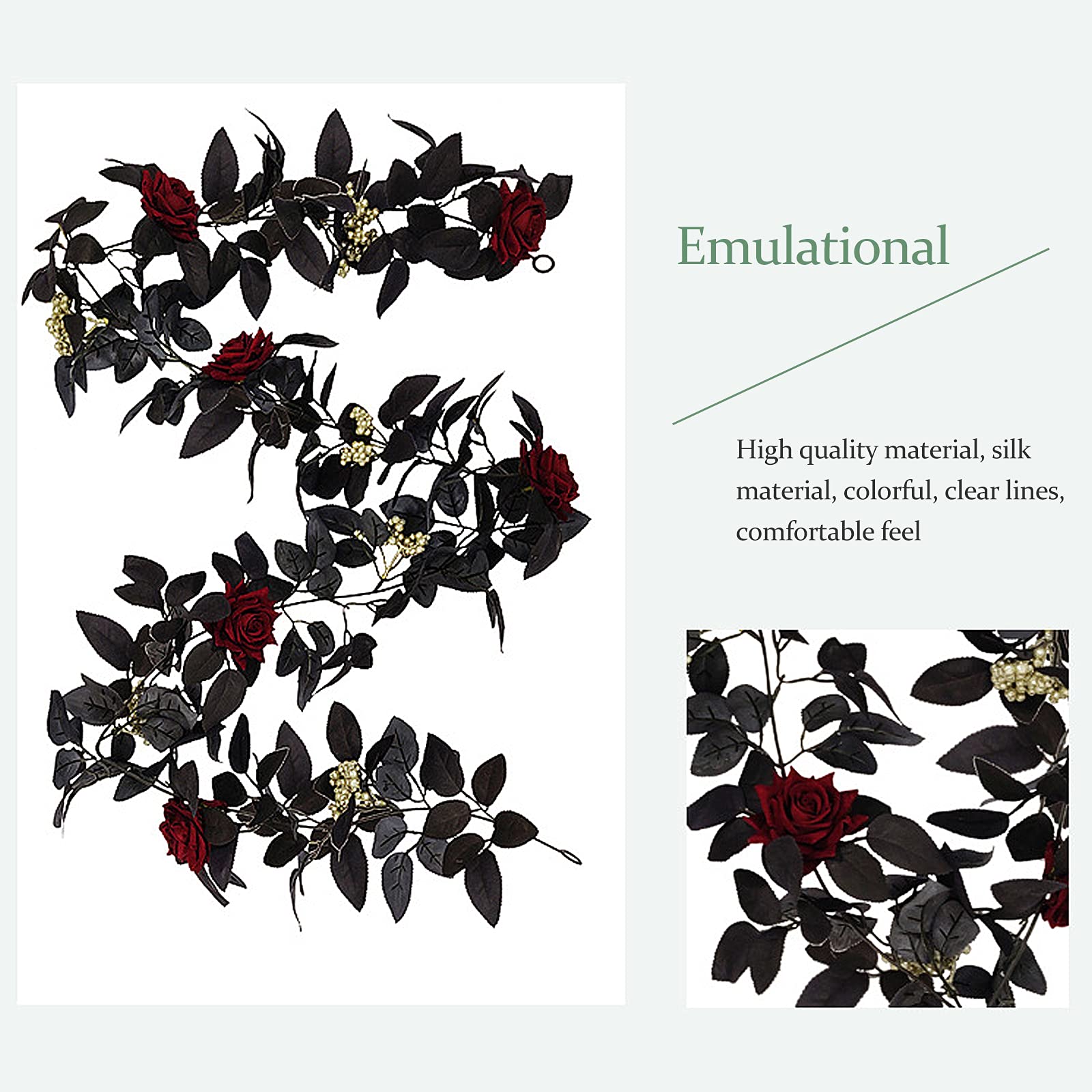 180cm Artificial Black Rose Vine with Berries - Halloween Hanging Flower Garland for Table Centerpiece, Fireplace Decor, Door Frame Backdrop - Perfect for Gothic Weddings, Spooky Party Decorations & Home Halloween Displays