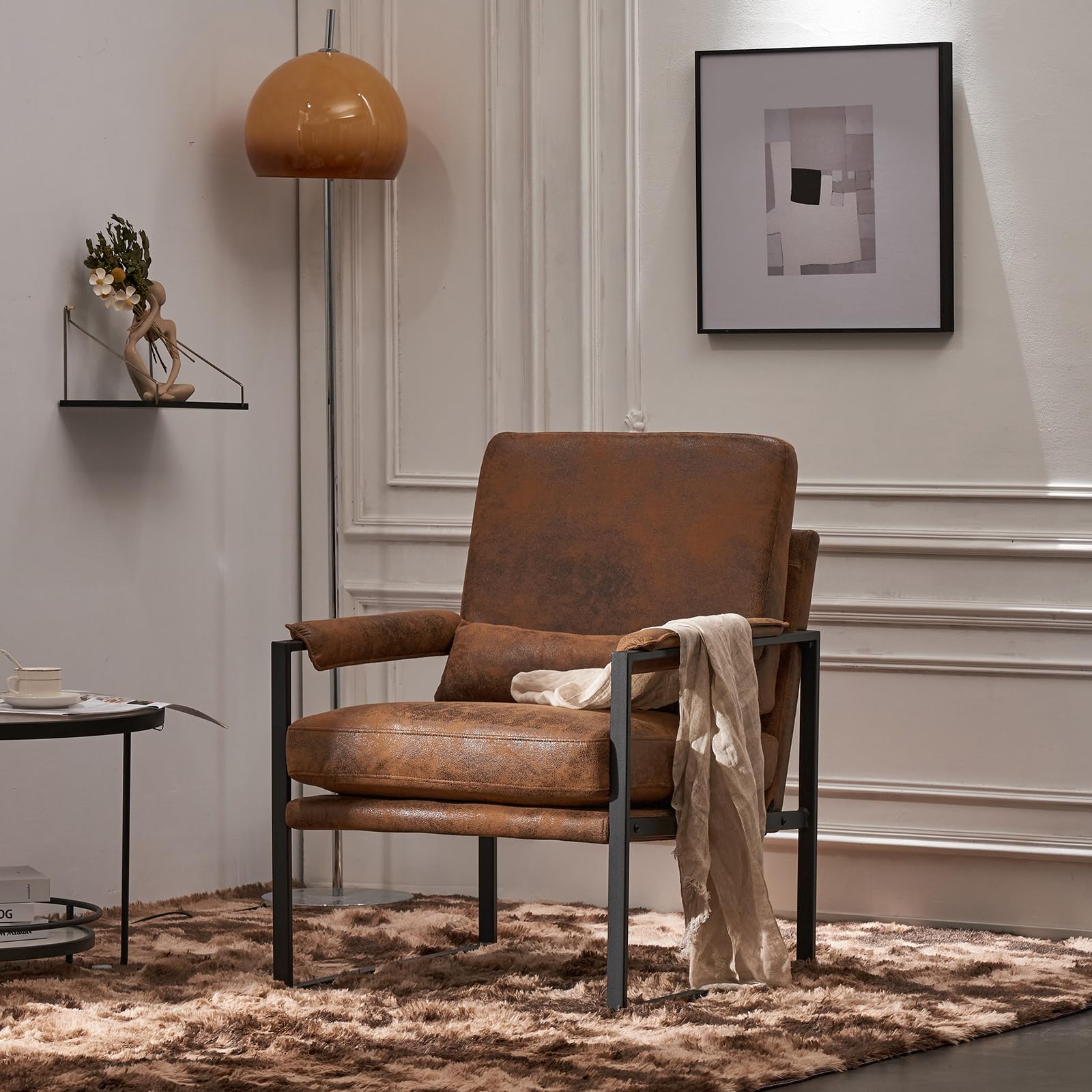Modern Accent Chair for Living Room - Iron Frame Lounge Chair with Bronzing Cloth Upholstery, Comfortable Armchair for Bedroom, Office, Small Spaces & Apartments - Perfect for Reading, Relaxing & Vanity Areas (Orange)