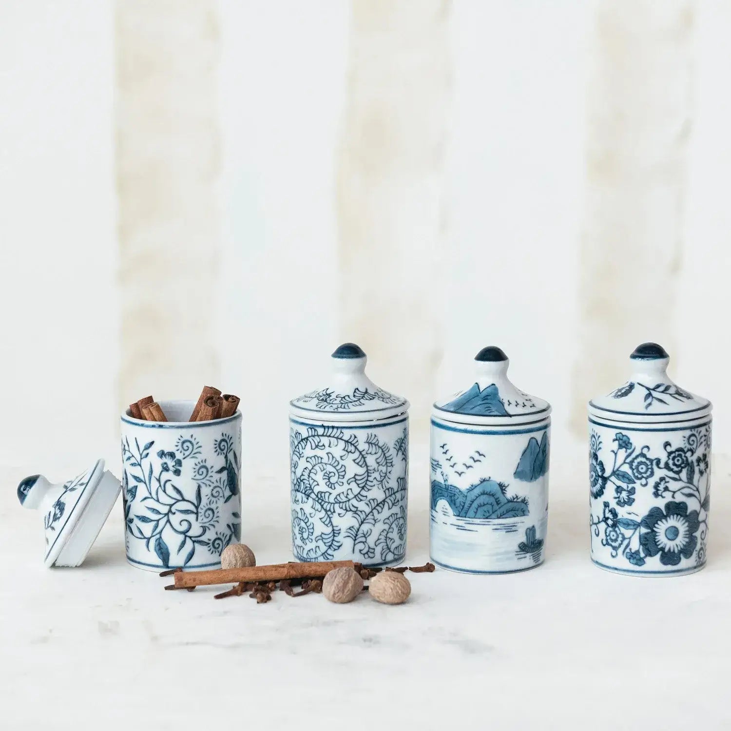Hand Painted Stoneware Spice Jar Set - 4 Piece Airtight Kitchen Storage Containers for Spices, Herbs & Seasonings | Perfect for Pantry Organization & Cooking Essentials