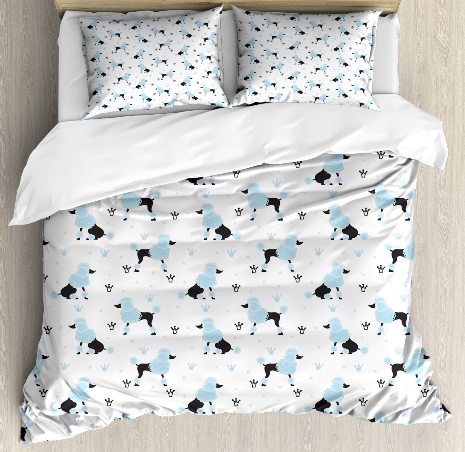 Ambesonne Poodle Duvet Cover Set - Hand Drawn Crown & Scribble Fluffy Dog Design, 3 Piece Queen Size Bedding Set with 2 Pillow Shams in Pale Blue & White | Perfect for Dog Lovers' Bedroom Decor & Cozy Home Styling