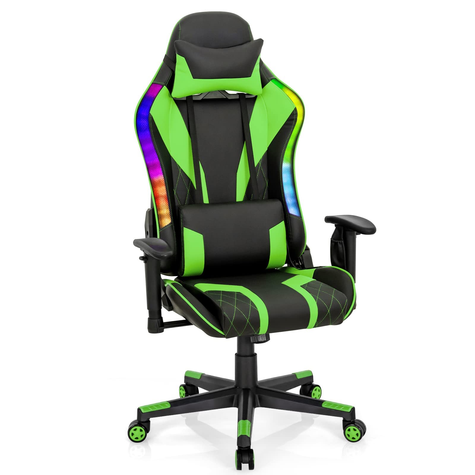 Giantex RGB LED Gaming Chair - Ergonomic High Back PVC Leather E-Sport Computer Chair with Adjustable Headrest & Lumbar Support (Green) - Perfect for PC Gaming, Streaming, and Office Work