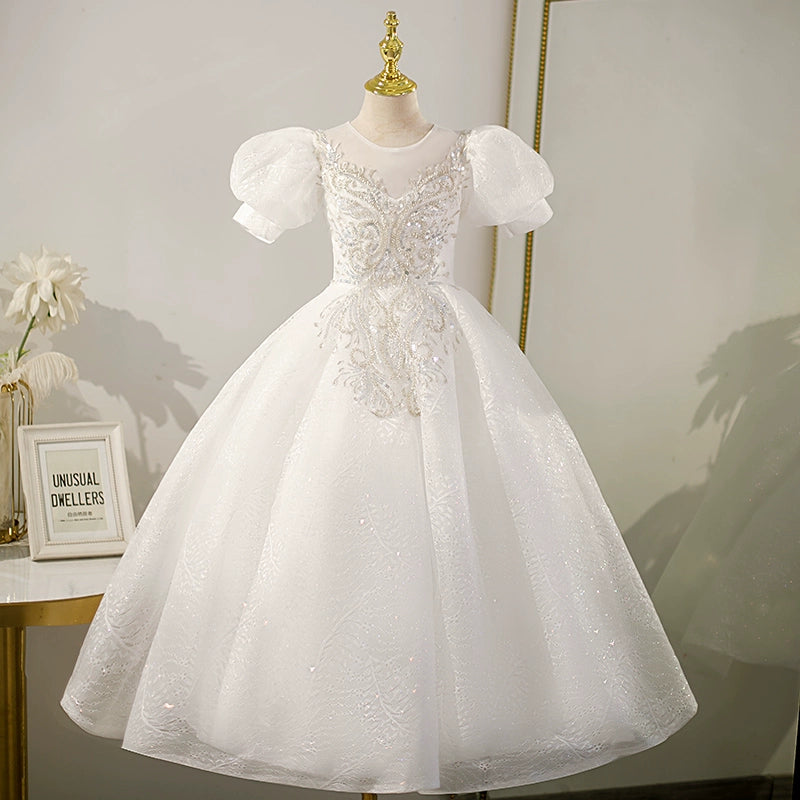 Princess Round Floor Length Tulle Flower Girl Dress in White - Perfect for Weddings, Pageants & Special Occasions