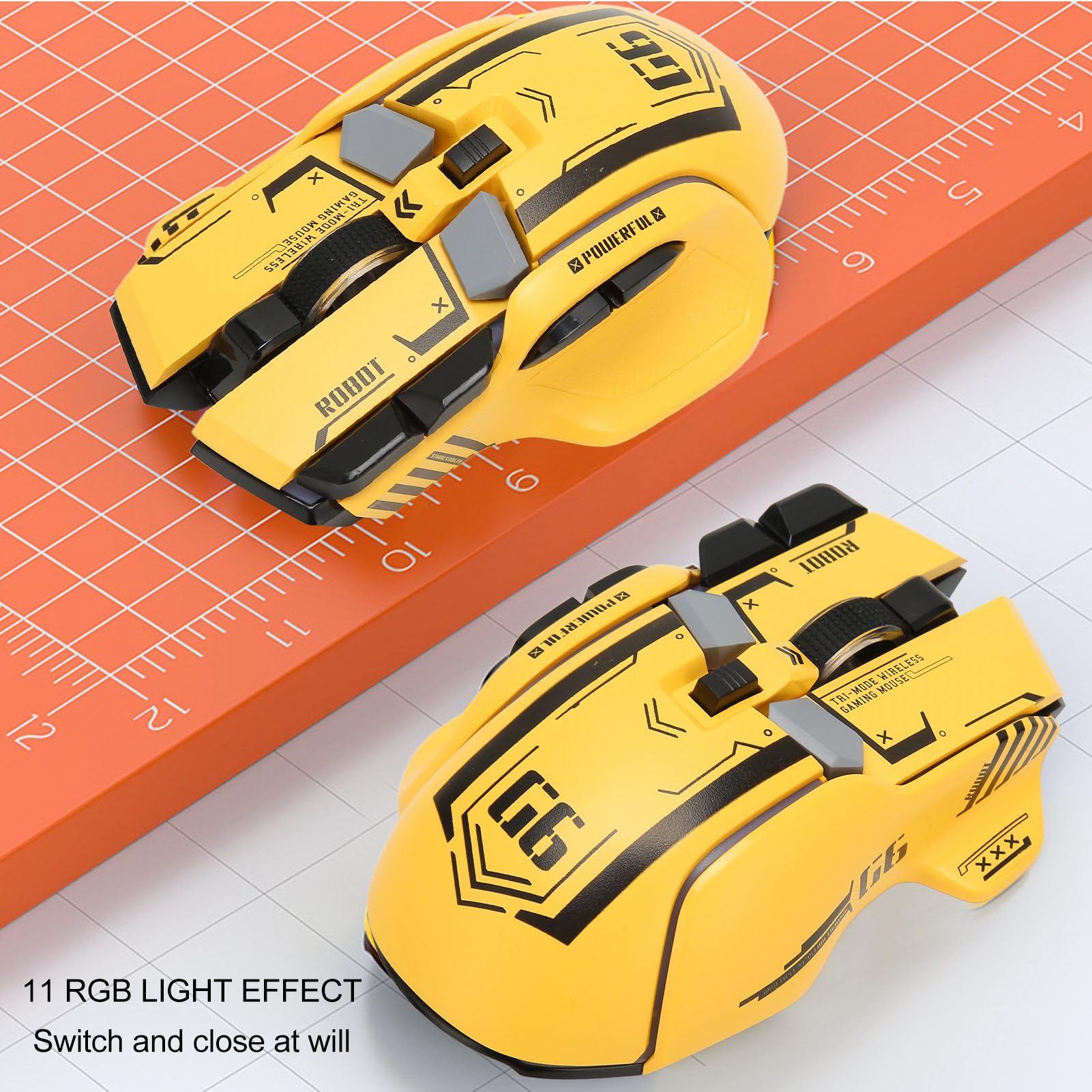 Wireless Gaming Mouse 2.4G Wired Bluetooth 3-in-1 RGB Mouse with 11 Color Lights & 5 Adjustable DPI - Compatible with Windows Android iOS (Yellow) - Perfect for PC Gaming, Office Work & Mobile Gaming