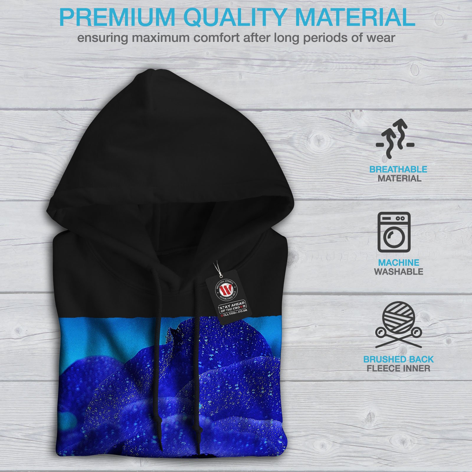 Wellcoda Blue Rose Men's Hoodie - Stylish Earth Tone Hooded Sweatshirt for Casual Wear, Street Fashion & Outdoor Activities