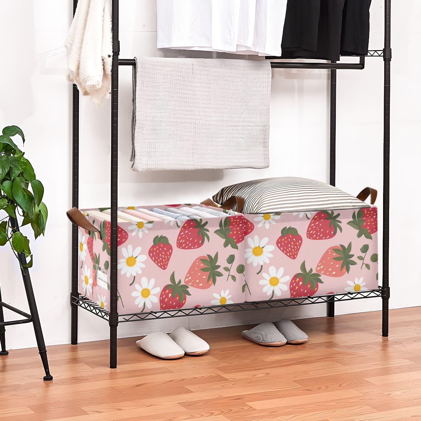 Foldable Storage Bins with Handles - 2 Pack Strawberry Flower Pattern Shelves & Cubes Baskets (16.9