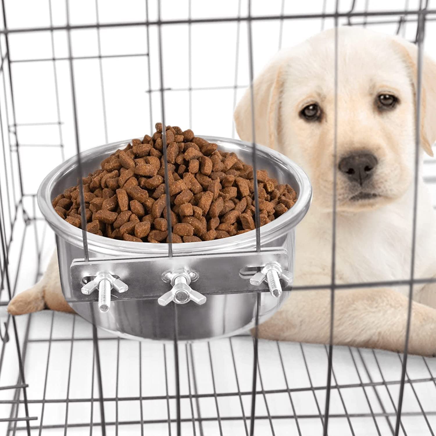 Stainless Steel Hanging Pet Bowl Set - 2 Pack Quick Lock Food & Water Bowls for Dogs, Cats, Birds, Guinea Pigs, Rabbits & Chicken Coops (14-16cm) - Perfect for Kennels, Cages & Crates - Durable & Easy-Clean Silver Pet Dishes