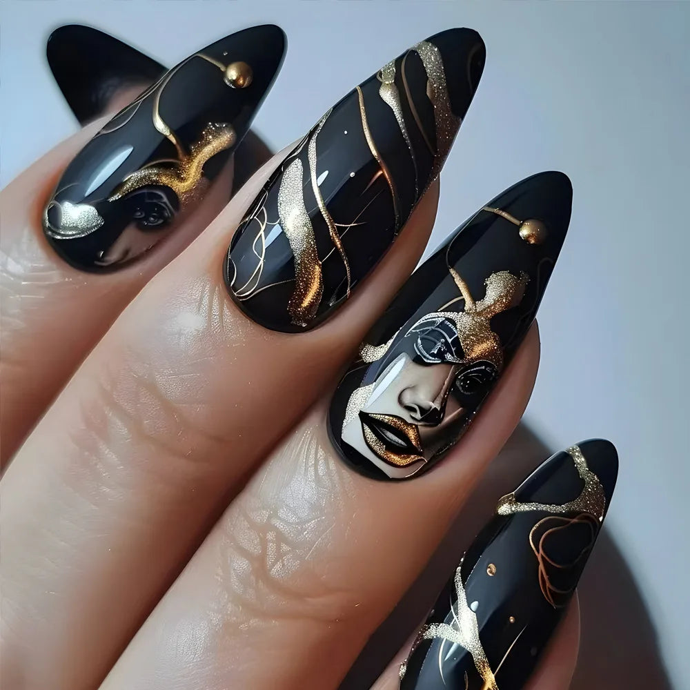 24Pcs Retro Press on Fake Nails - Almond Oval Gold Star Nails with Studded Diamond Designs - Detachable Cool Manicure Art Set for Women - Perfect for Parties, Weddings, and Special Occasions