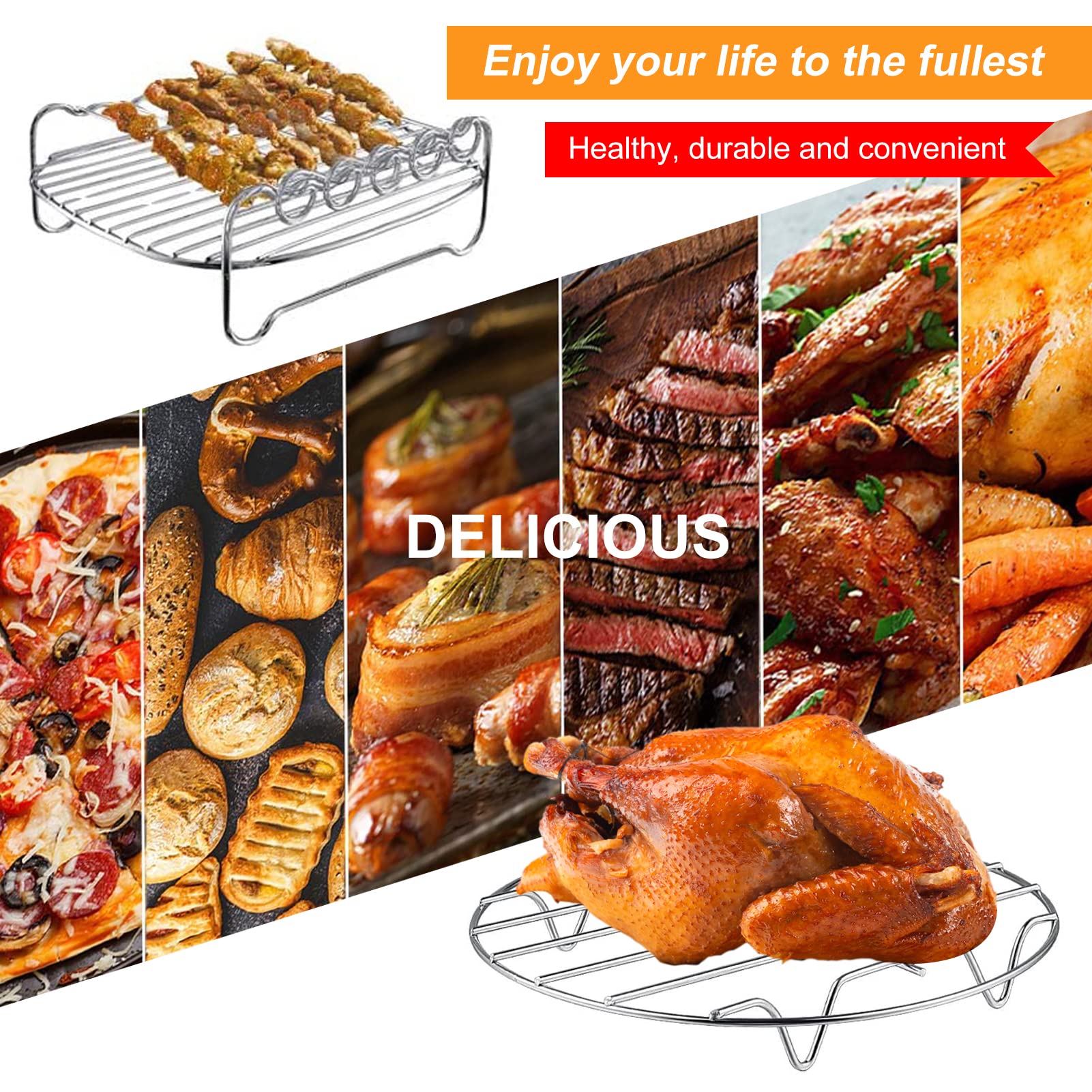 2-Pack Air Fryer Rack Set - Double Layer Metal Wire Rack with Skewers for Ninja, Power XL, Cosori, Instant Pot, Gourmia & Chefman - Multi-Purpose Dishwasher Safe Air Fryer Accessories - Perfect for Roasting, Baking & Grilling in Air Fryer Ovens