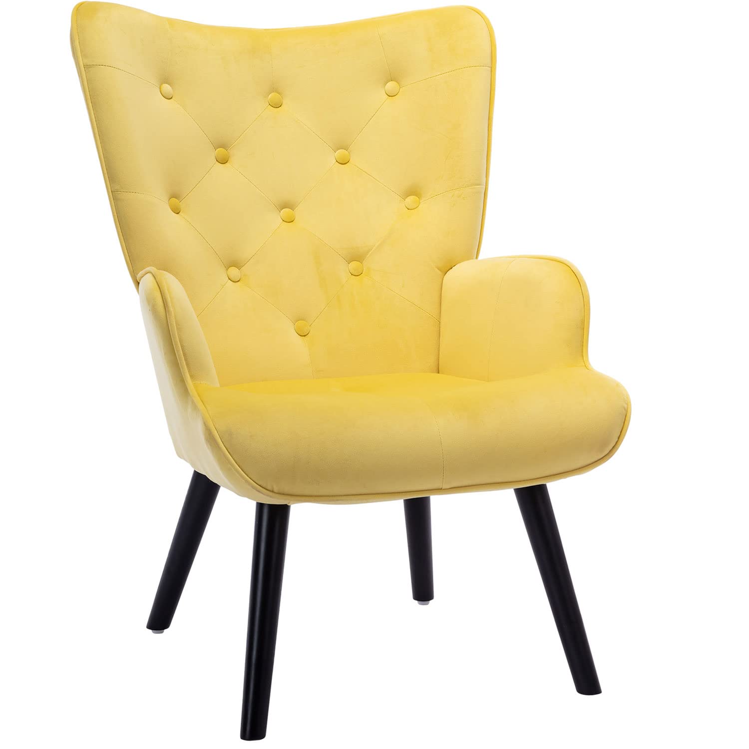 Luxury Velvet Accent Chair - Modern Tufted Button Wingback Vanity Chair with Solid Wood Legs, Comfortable Upholstered Desk & Leisure Armchair for Living Room, Bedroom, Dressing Room (Yellow) - Perfect for Home Office, Reading Nook & Makeup Vanity