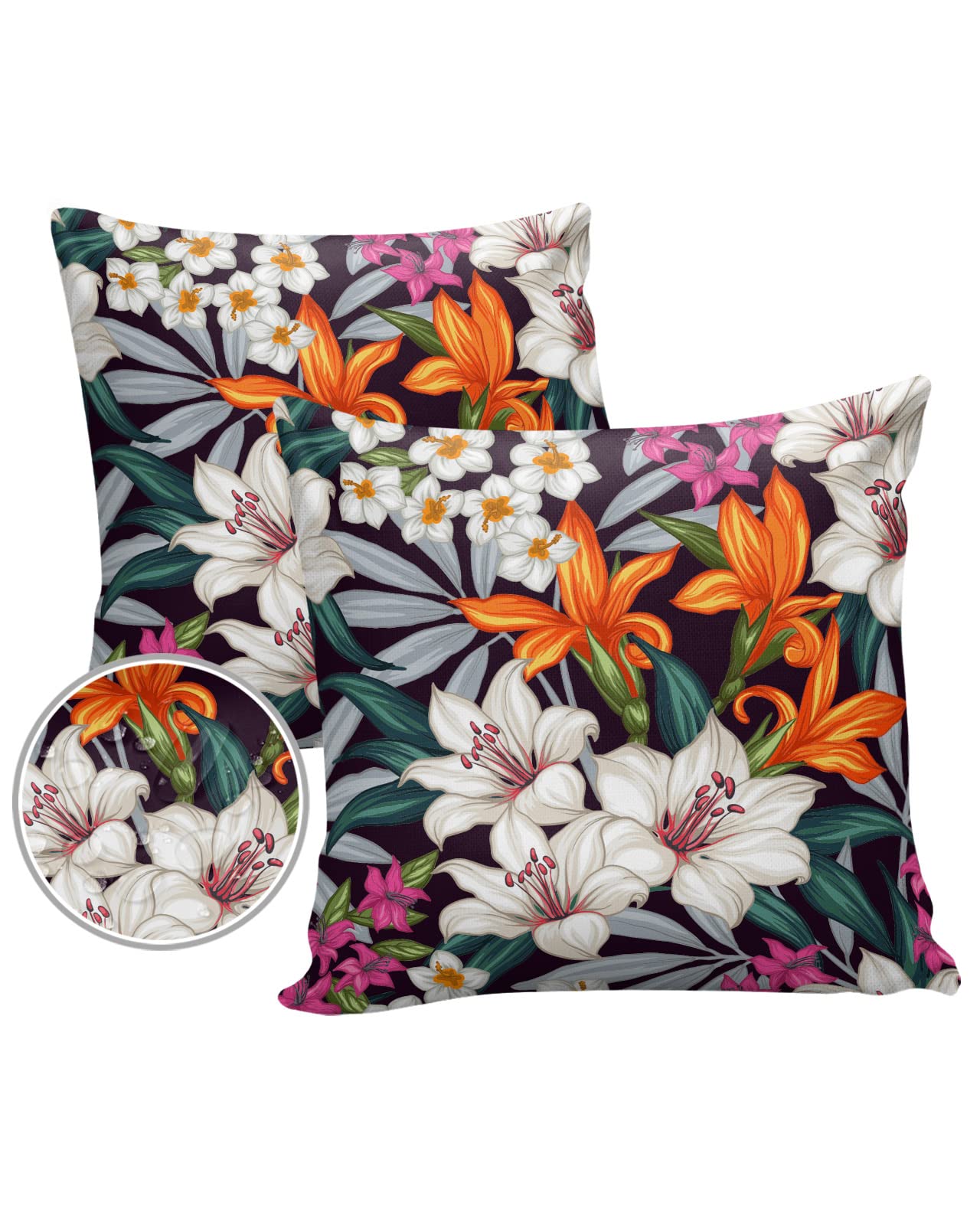Vandarllin Waterproof Outdoor Throw Pillow Covers 16x16 Inch Set of 2 - Tropical Floral Pattern Decorative Zippered Cushion Covers for Patio Furniture, Sofa, Garden & Poolside Decor