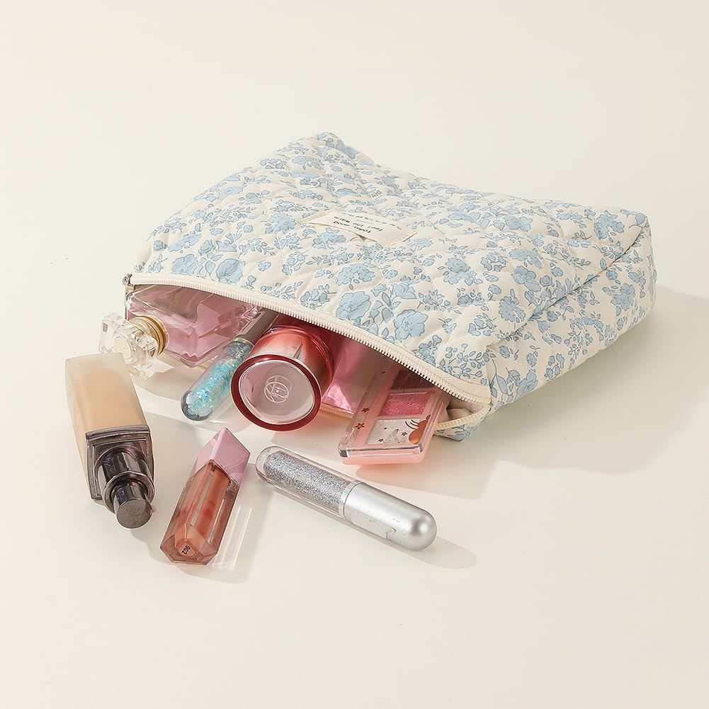 JQWSVE Floral Coquette Makeup Bag - Large Cotton Quilted Cosmetic Pouch for Travel, Toiletries & Essentials | Aesthetic Cute Design for Women & Teens | Perfect for Vacation, Gym, Daily Use & Gift Giving