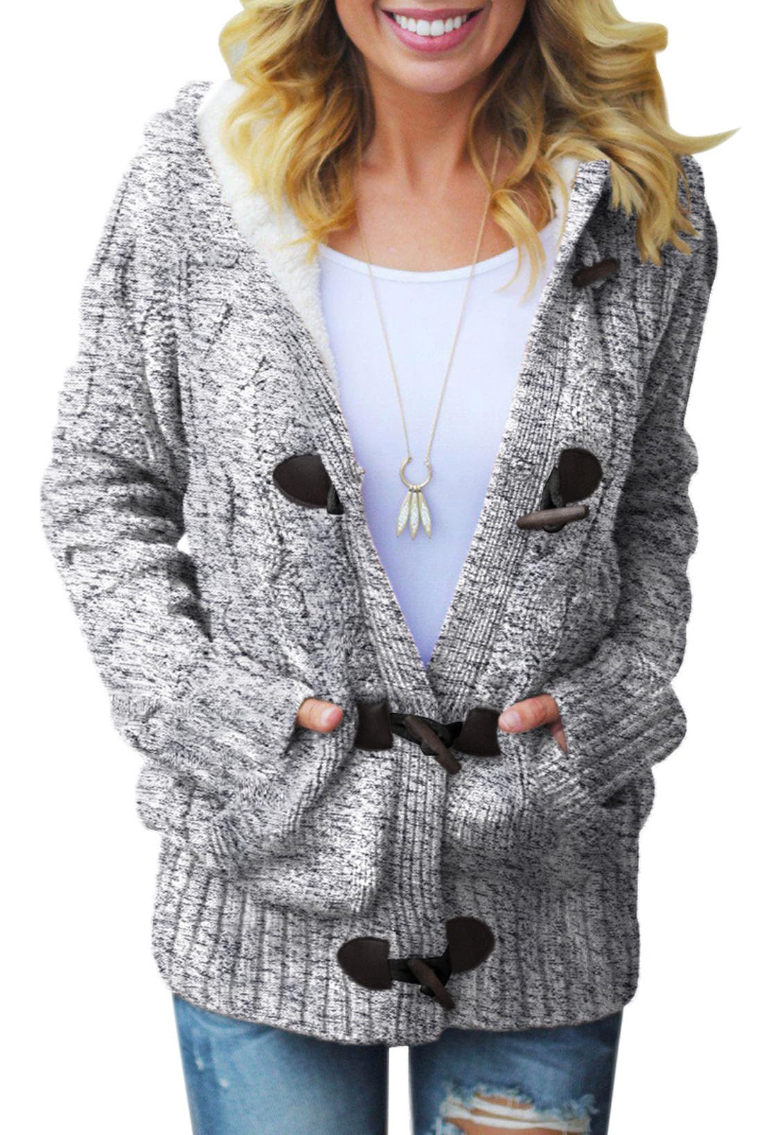 Dokotoo Women's Winter Hooded Cardigan Sweater - Button Up Cable Knit Coat Jacket with Pockets | Cozy Outerwear for Casual Wear, Office & Fall Winter Fashion