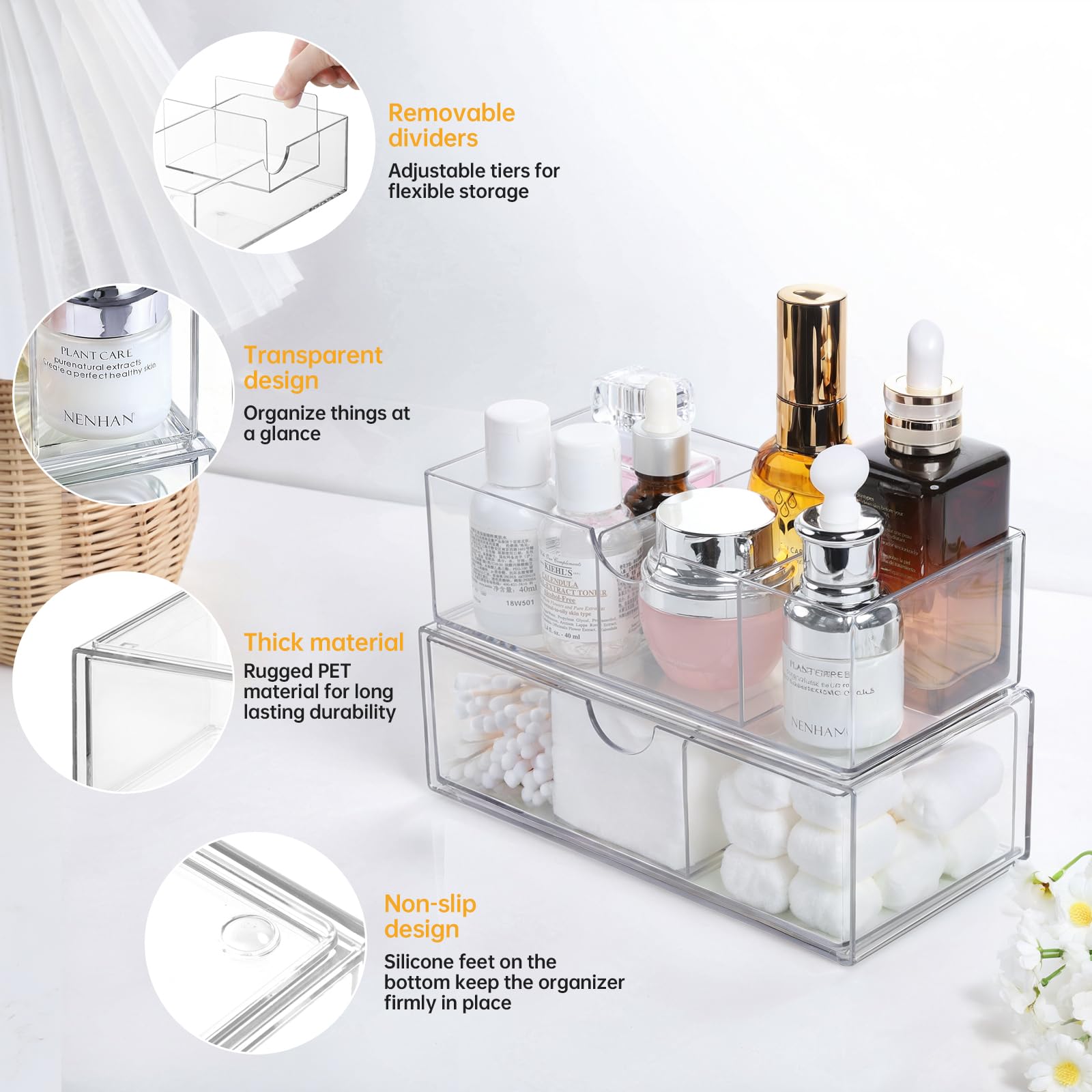 2-Pack Clear Stackable Medicine Cabinet Organizer with Removable Dividers - Bathroom Mirror Storage, Vanity Makeup Drawers, Closet & Countertop Organization for Cosmetics, Toiletries and Small Essentials