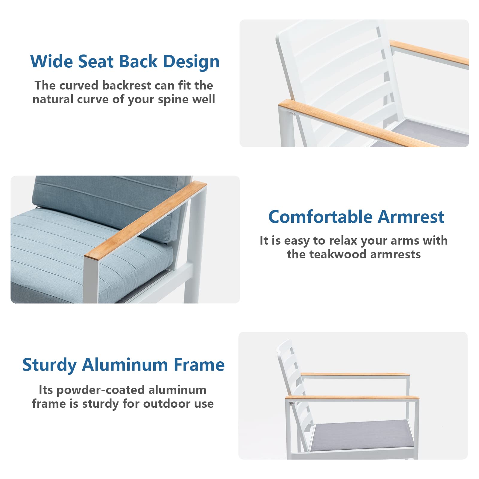 Premium Outdoor Dining Chair Set of 4 - Weather-Resistant Aluminum Patio Chairs with Teak Armrests & Cushions - White Garden Furniture for Backyard, Poolside & Restaurant Outdoor Seating