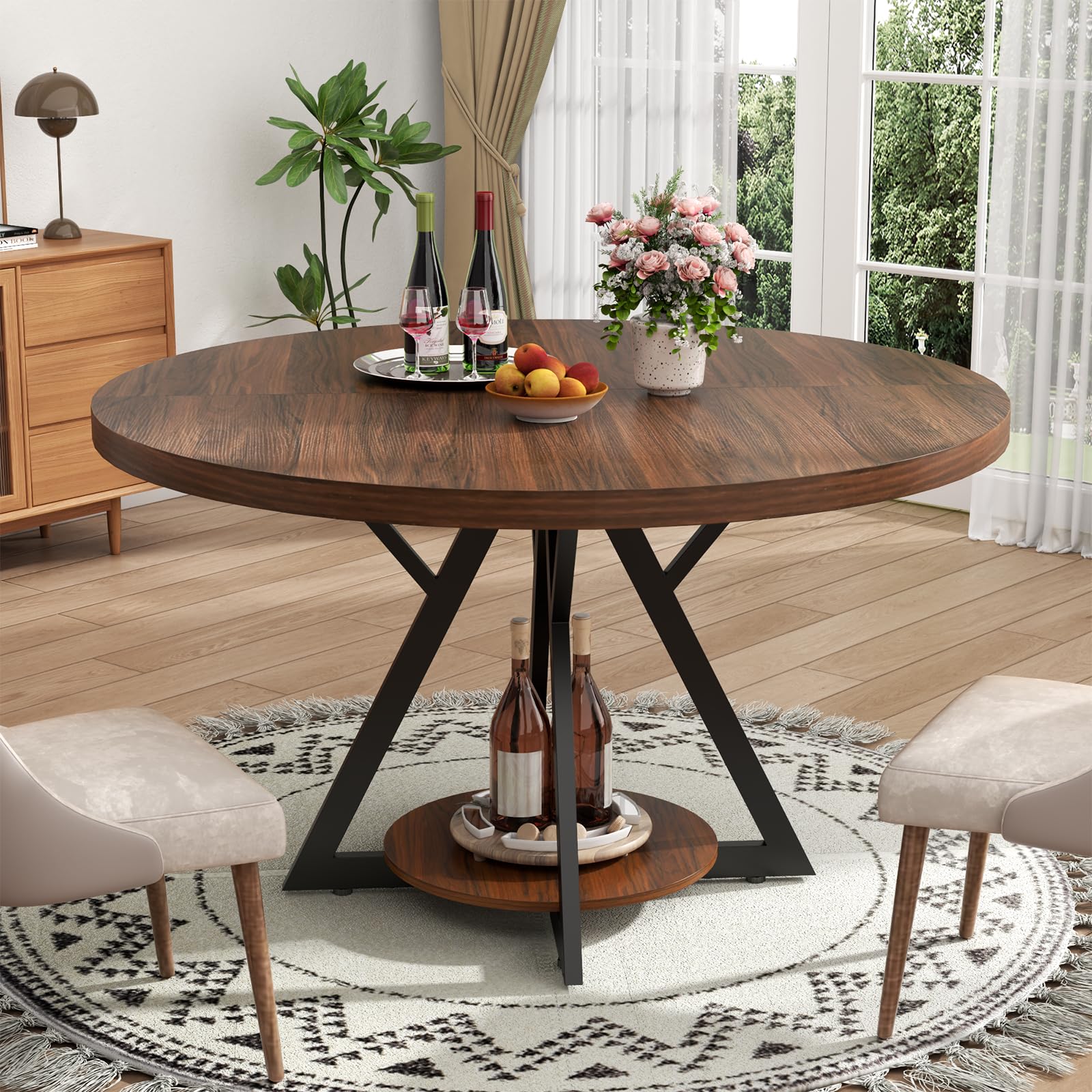 Modern Round Dining Table for 4 - 47.24 Inch Farmhouse Kitchen Table with Metal Base & Wooden Top | Adjustable Pads for Stability | Perfect for Small Spaces, Kitchen, Dining Room & Living Room