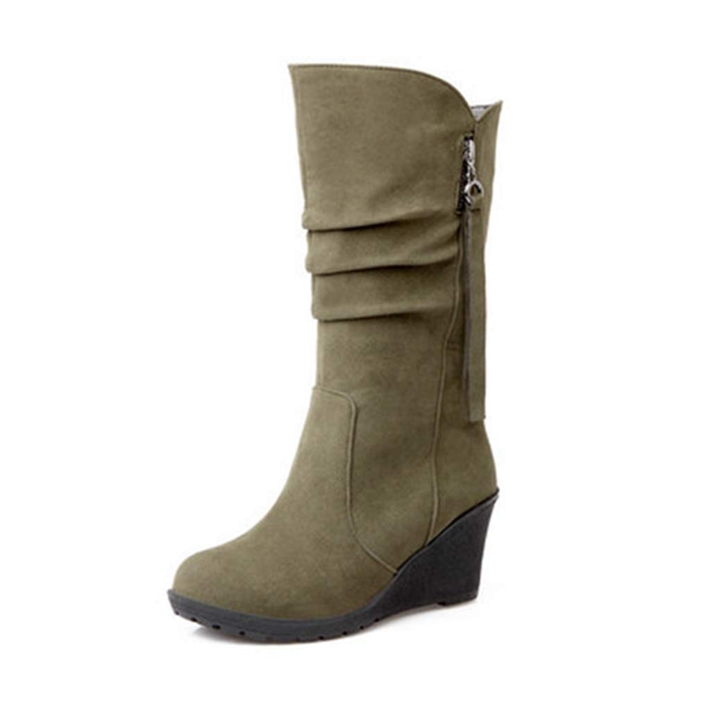 Women's Suede Wedge Platform Boots - Mid Calf Slouchy Dress Boots with Round Toe & Tassel Detail (Wide Width Available) | Perfect for Fall Fashion, Office Wear & Night Out Outfits