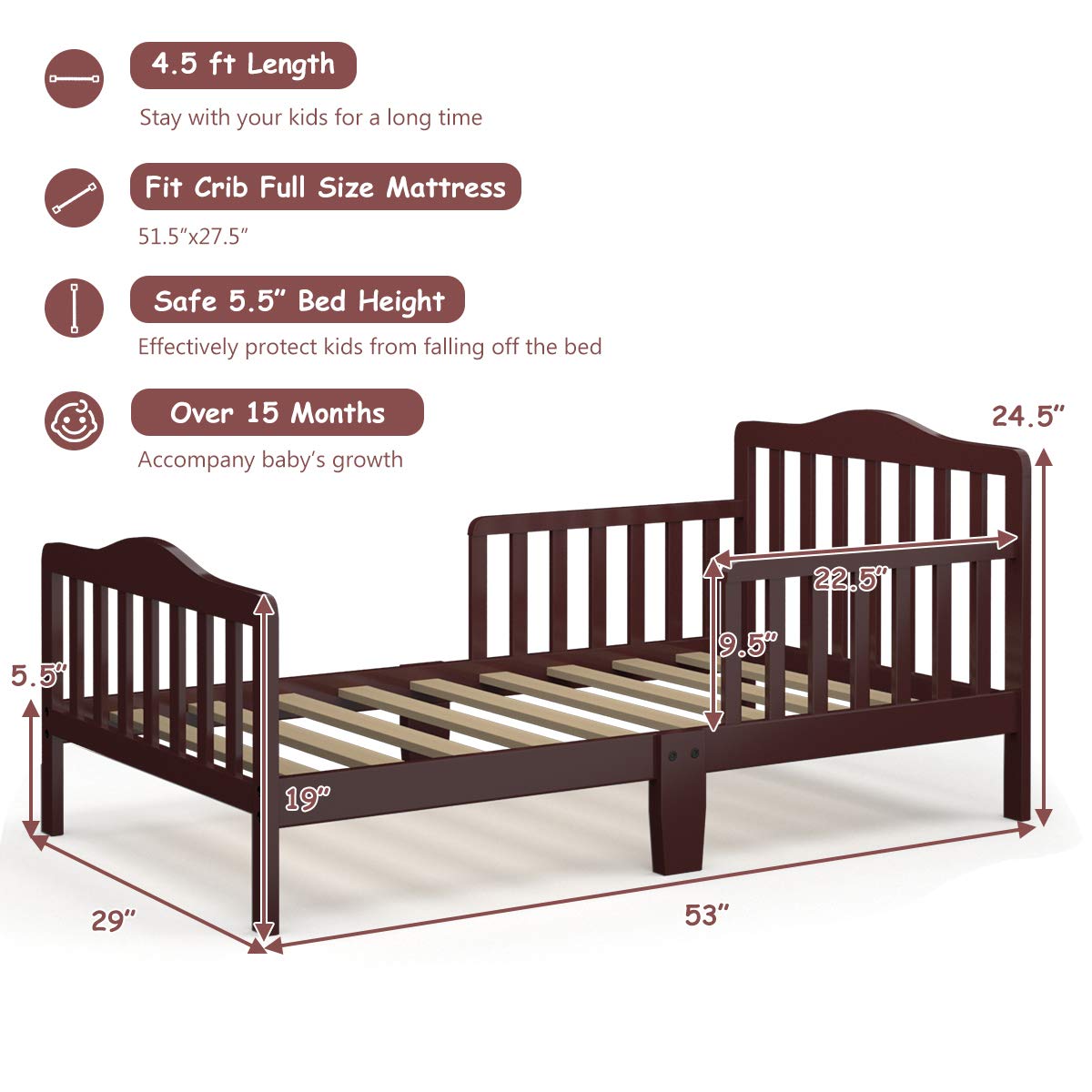 **HONEY JOY Toddler Bed Frame - Solid Rubber Wood with Safety Guardrail, Fits Full Size Crib Mattress (Not Included) - Classic Kids Bedroom Furniture for Boys & Girls (Brown) - Perfect for Nursery, Daycare, or Children's Bedroom**