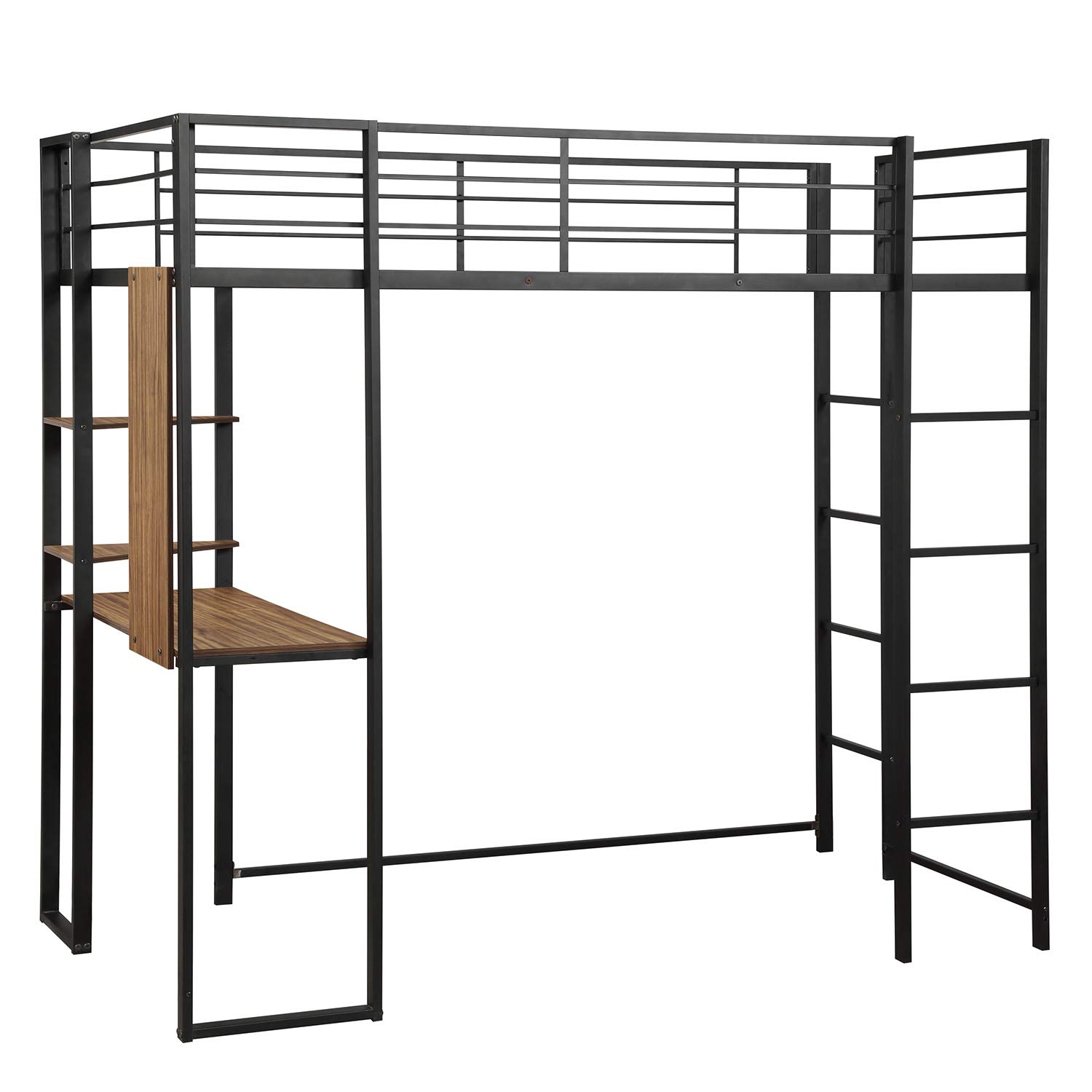 Twin Size Metal Loft Bed with Ladder & Built-in Desk - Sturdy Guardrail, Space-Saving Design, No Box Spring Required (Black) - Perfect for Small Bedrooms, Dorms & Kids Rooms