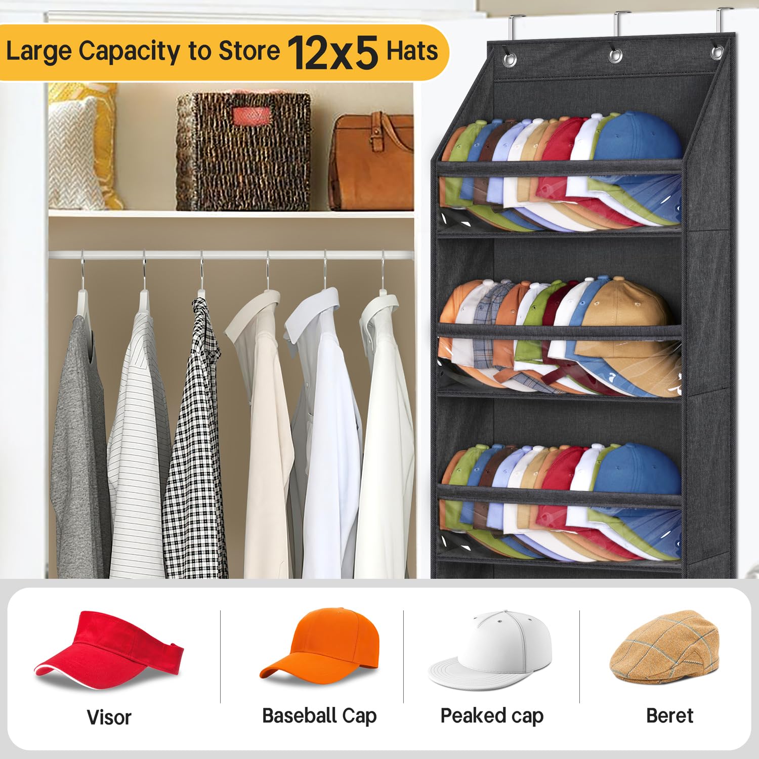 Over Door Baseball Cap Organizer - SLEEPING LAMB Clear Deep Pocket Hat Rack for Closet or Wall, Holds 60 Hats with 3 Hooks, Black - Perfect for Bedroom, Entryway & Dorm Storage Solutions