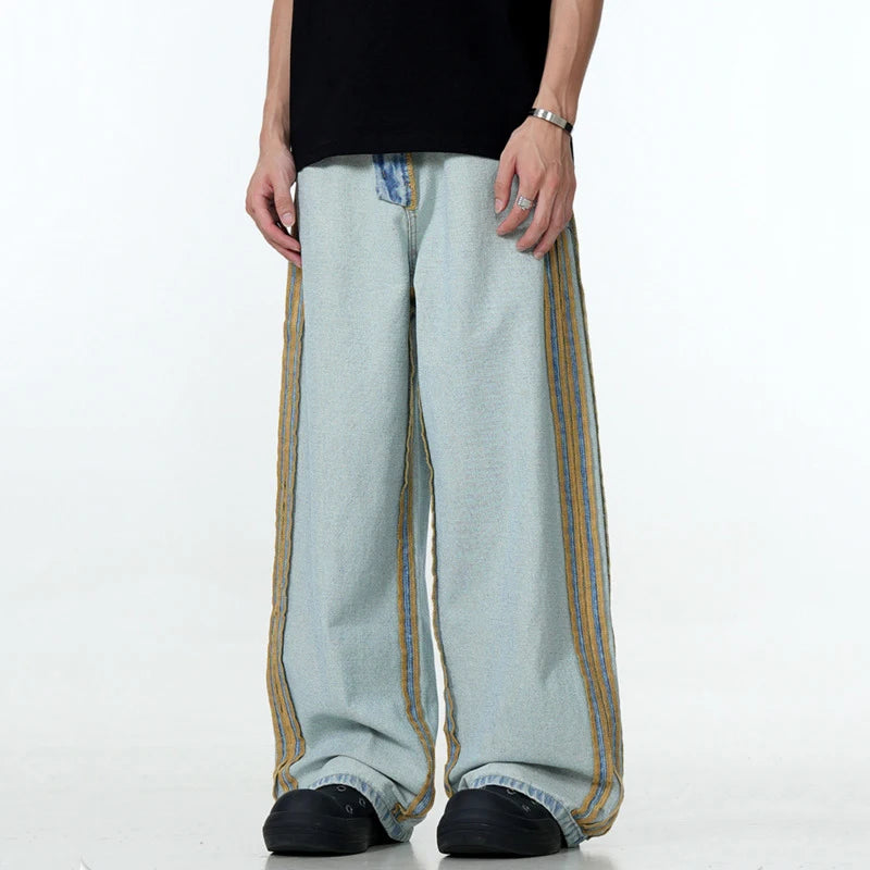 Men's American Wide Leg Jeans with Side Stripes - Solid Color Washed Denim Pants with Zipper Pockets | Straight Cylinder Fit for Winter 2024 | Casual Streetwear, Office Style & Everyday Comfort