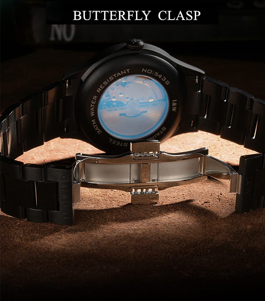 LOREO Men's Automatic Watch - Luminous Skeleton Dial, Black Stainless Steel, Synthetic Sapphire, Waterproof Military Casual Sports Watch for Everyday Wear & Outdoor Activities