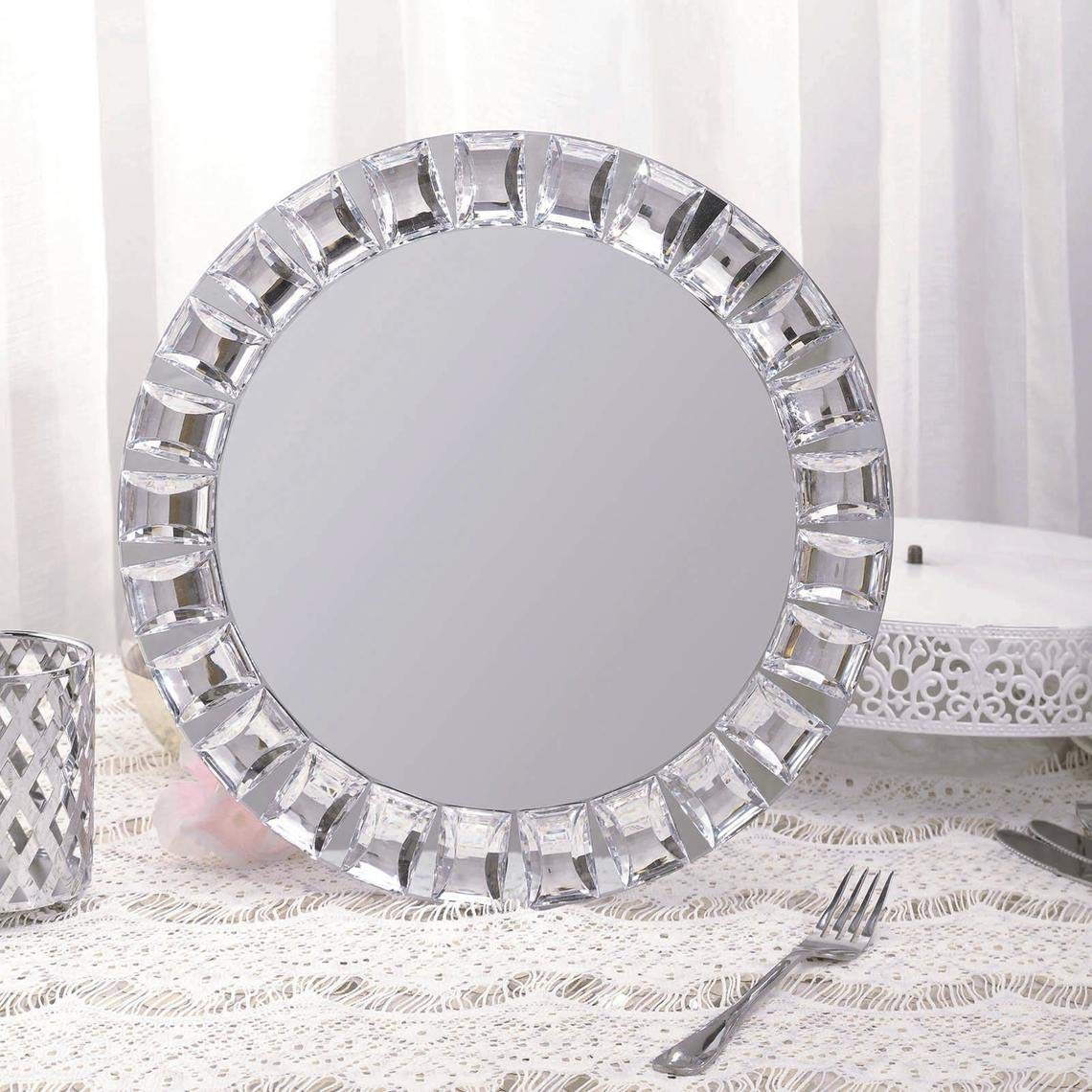 2-Pack Silver Mirror Glass Charger Plates with Diamond Beaded Rim - Elegant Dinnerware Underplates for Wedding, Party & Formal Dining Decor (12