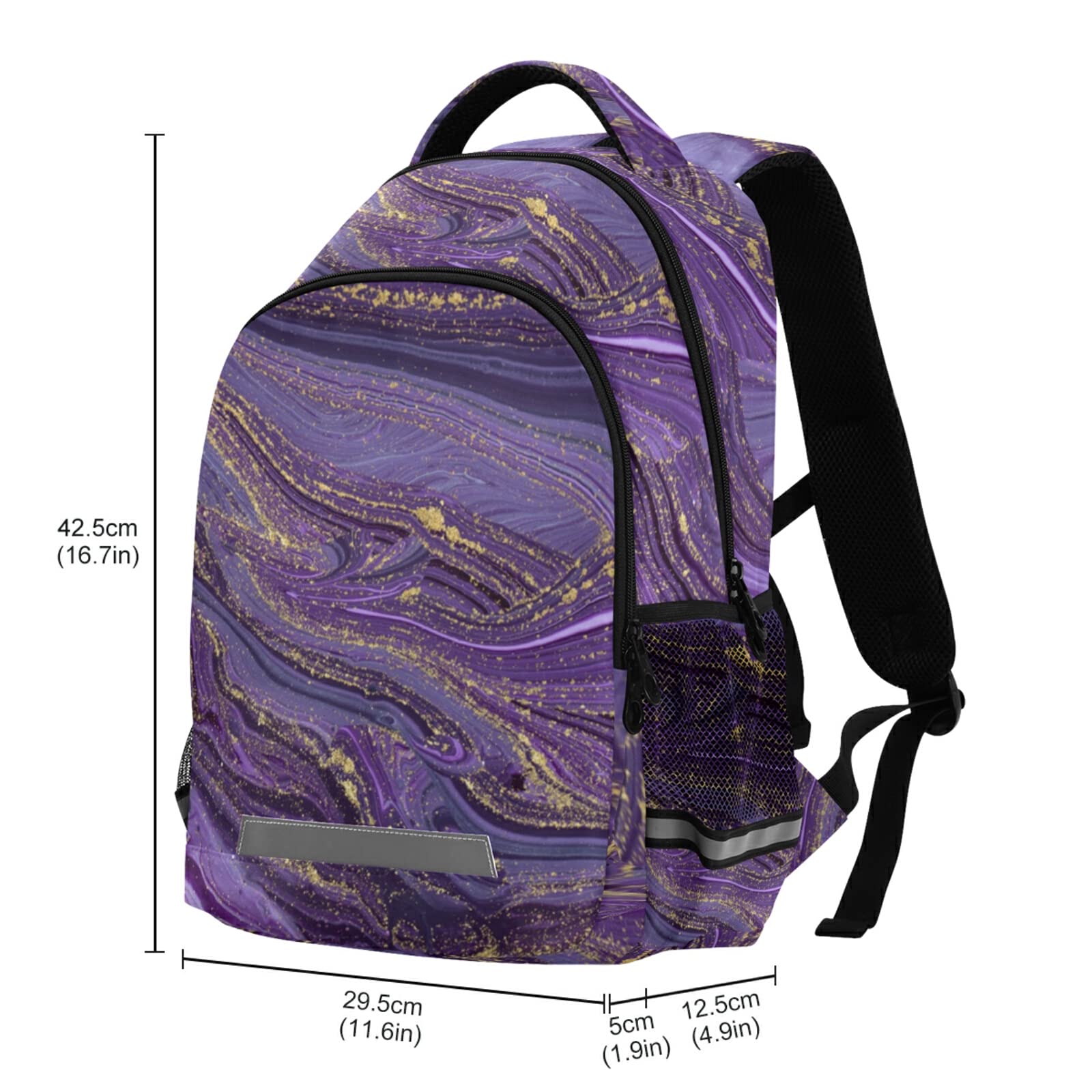 Stylish Purple & Gold Marbled Laptop Backpack for Teens & Adults - Waterproof School Backpack with Reflective Stripes for Safety | Perfect for College, Travel, Hiking & Daily Commute
