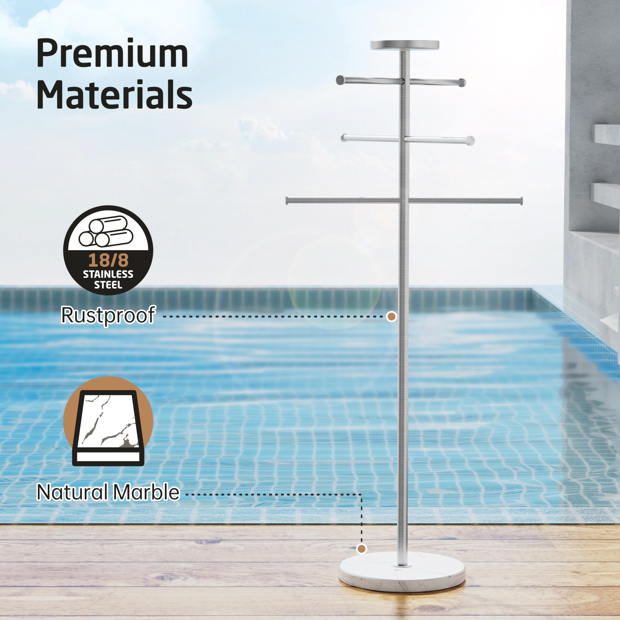 Premium 5-Ft Stainless Steel Outdoor Towel Rack with Weighted Base - Adjustable 3-Arm Design & Storage Tray - Brushed 18/8 Stainless Steel - Perfect for Poolside, Hot Tub, Patio & Backyard Use