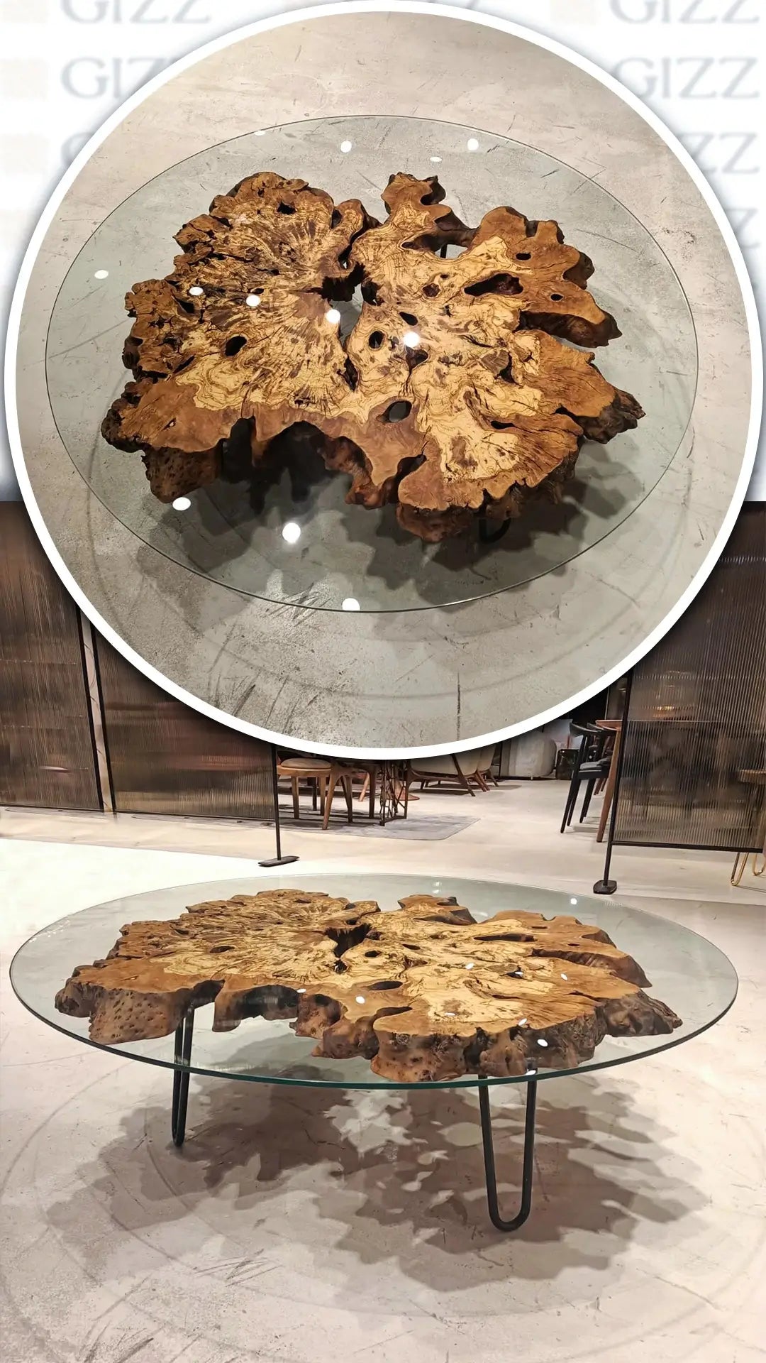 Handcrafted Olive Wood Rustic Coffee Table with Tempered Glass Top - Perfect for Living Room, Farmhouse & Modern Home Decor