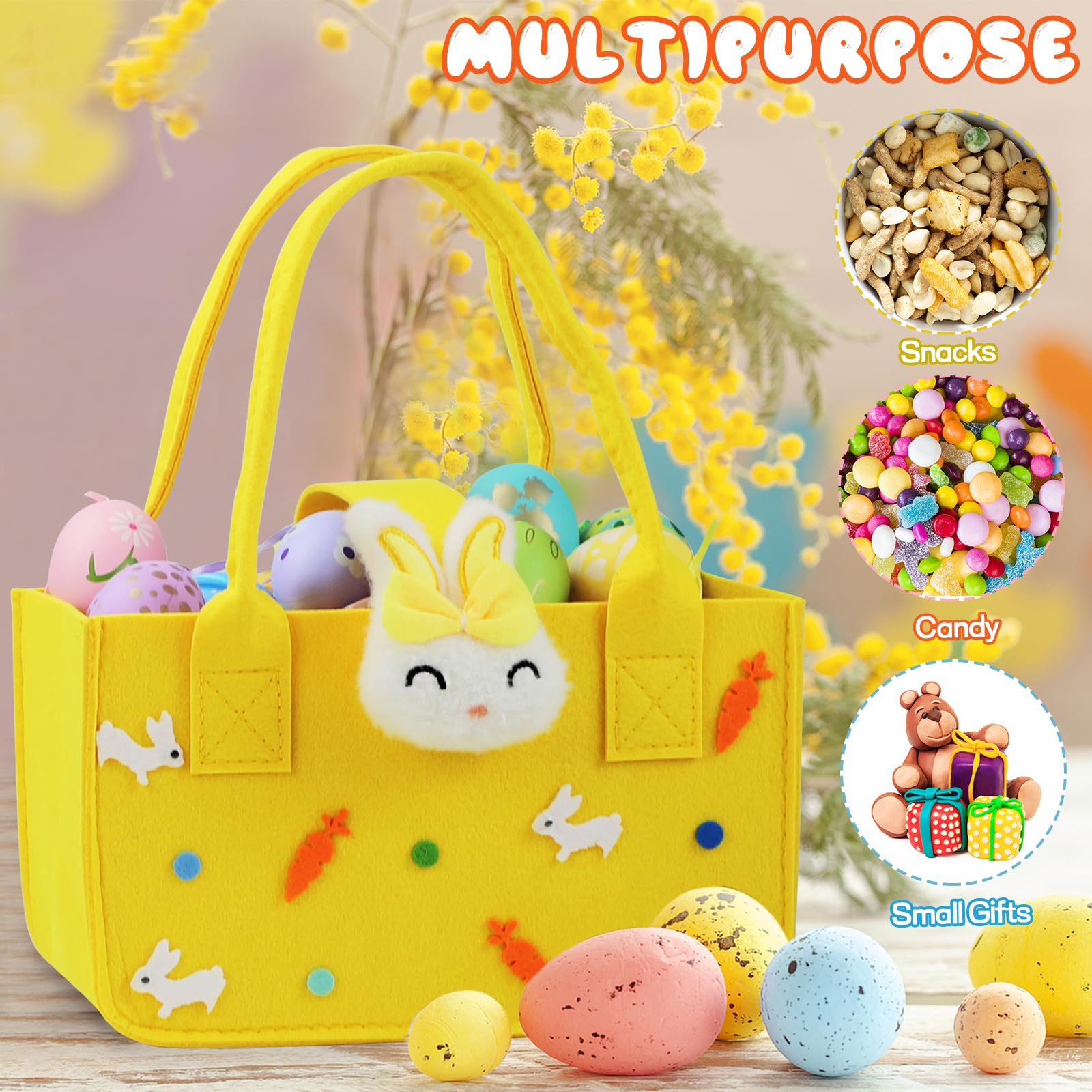 Easter Baskets with Handles - 4 Pack Reusable Felt Bunny Tote Bags for Easter Egg Hunt, Party Favors, Gift Wrapping & Easter Decorations - Perfect for Kids Easter Party, Spring Celebrations & Holiday Gift Giving