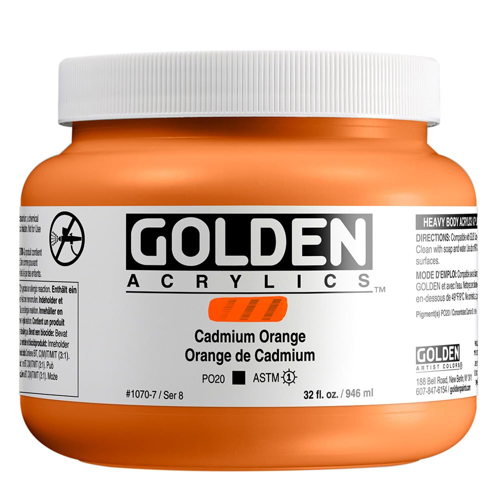 GOLDEN Heavy Body Acrylic Paint - Cadmium Orange 32 fl. oz Jar | Professional Grade Opaque Acrylics for Canvas Painting & Fine Art