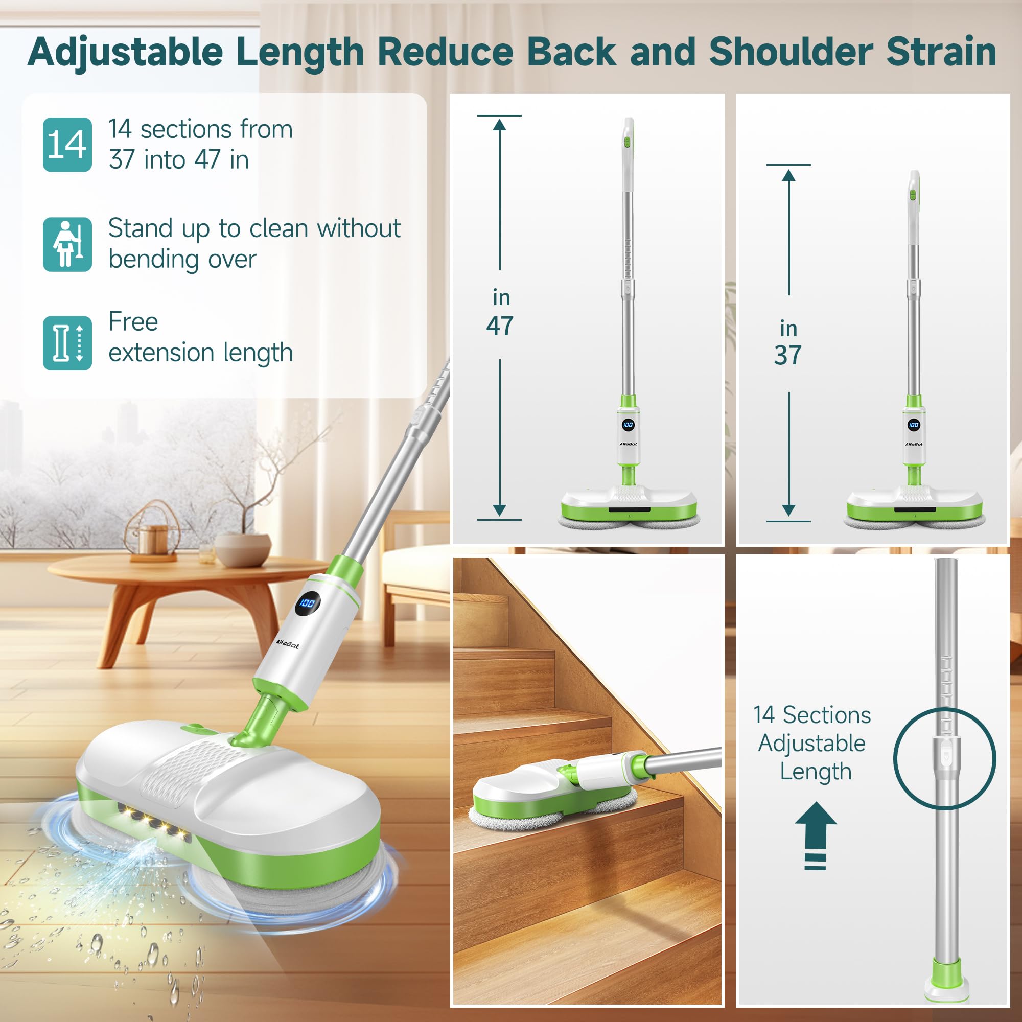 AlfaBot Cordless Electric Spin Mop for Hardwood Floors & Tile - Self-Propelled with LED Headlight, Water Spray & Large 2700 sq ft Capacity - Rechargeable Wet Dry Mop for Home, Kitchen & Pet Hair Cleaning