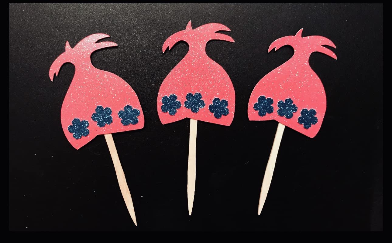 Troll Cupcake Toppers for Birthday Parties - Glitter Princess Poppy & Troll Hair Decorations - Perfect for Troll Themed Celebrations, Kids' Birthdays, and Fun Dessert Displays