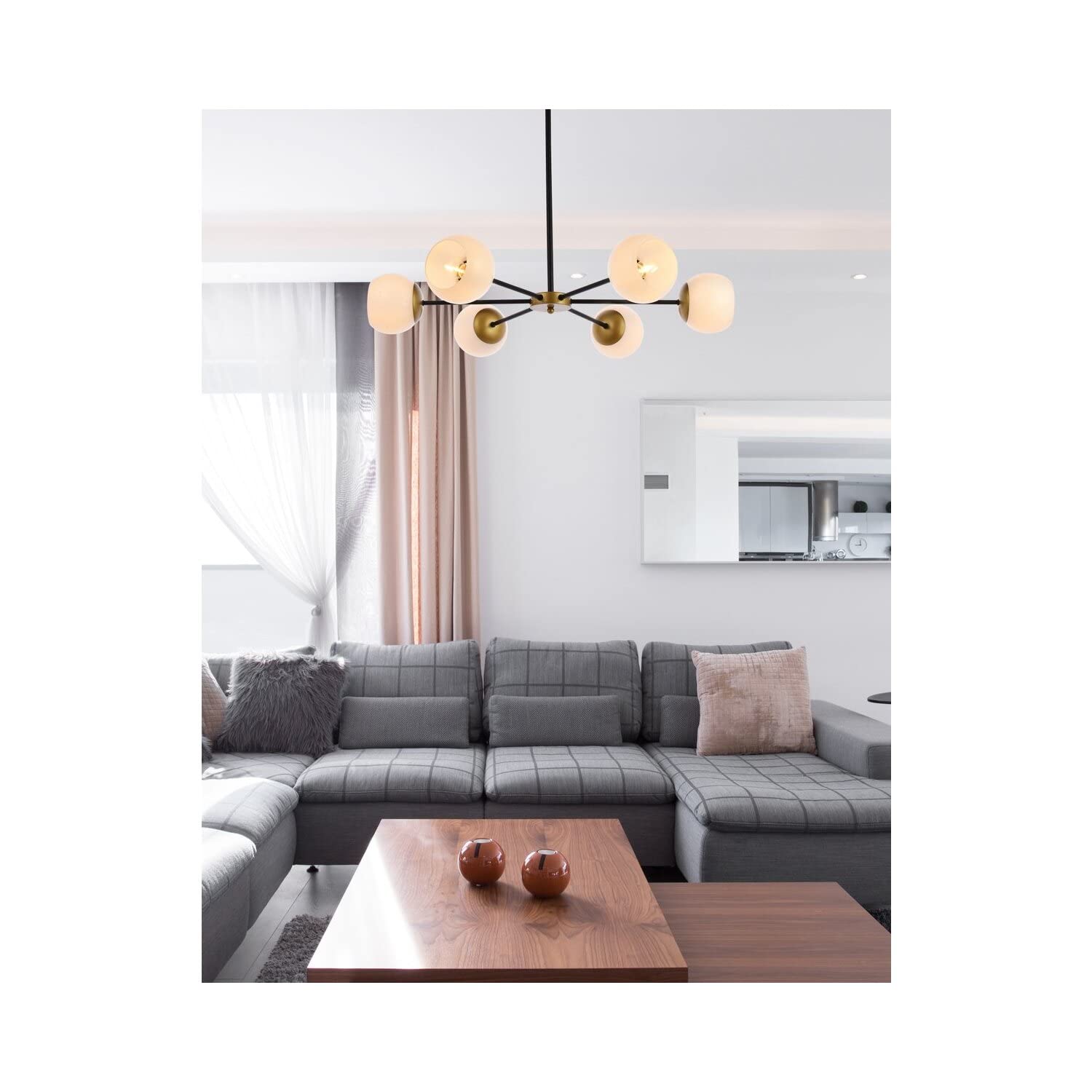 Briggs 6-Light Black and Brass Metal Pendant with White Shade - Modern Ceiling Lighting for Dining Room, Kitchen Island & Living Room