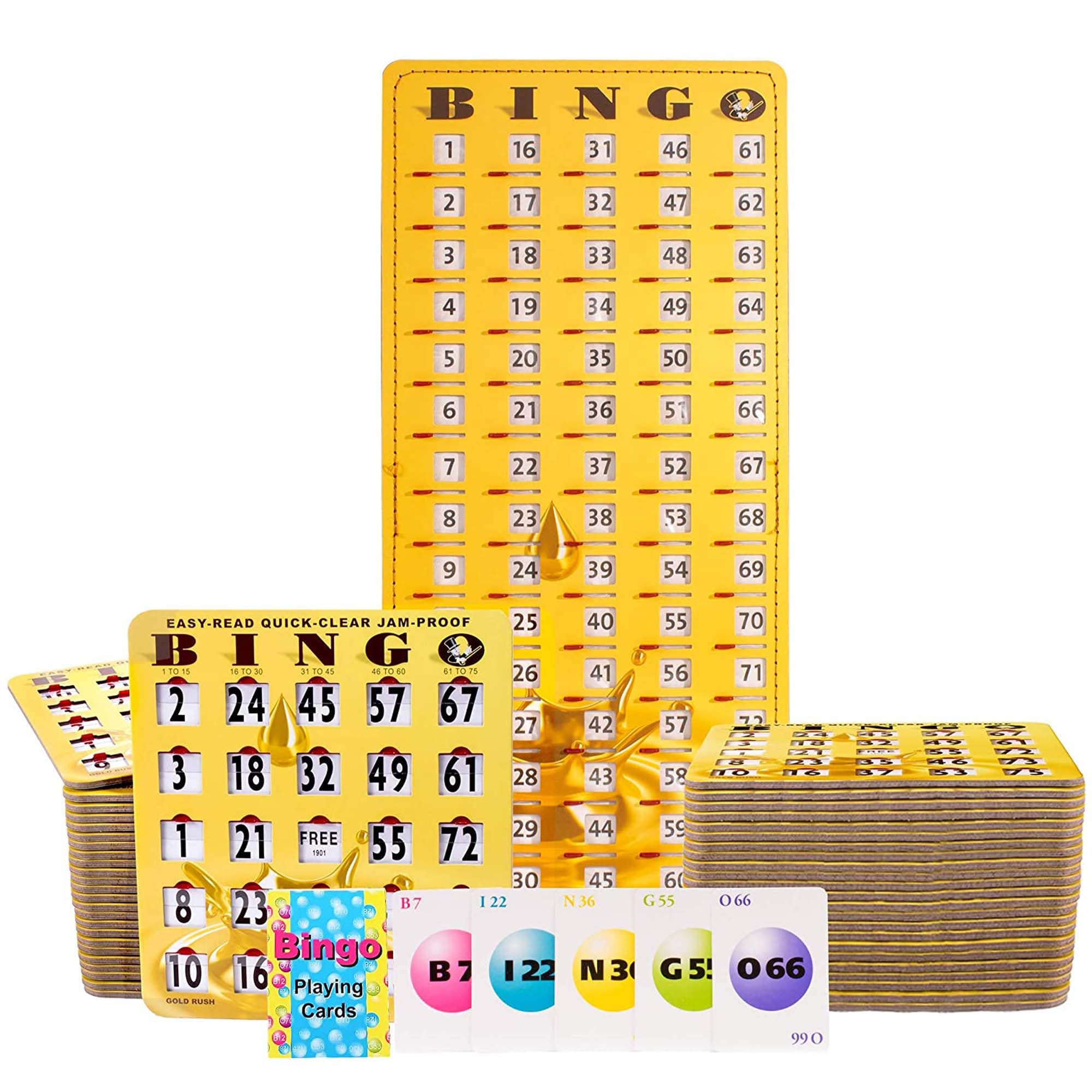 MR CHIPS Jam-Proof Bingo Cards with Sliding Windows - 50 Reusable Shutter Cards, 75 Calling Cards & 1 Master Board in Gold Rush Style - Perfect for Family Game Nights, Bingo Parties & Casino-Themed Events
