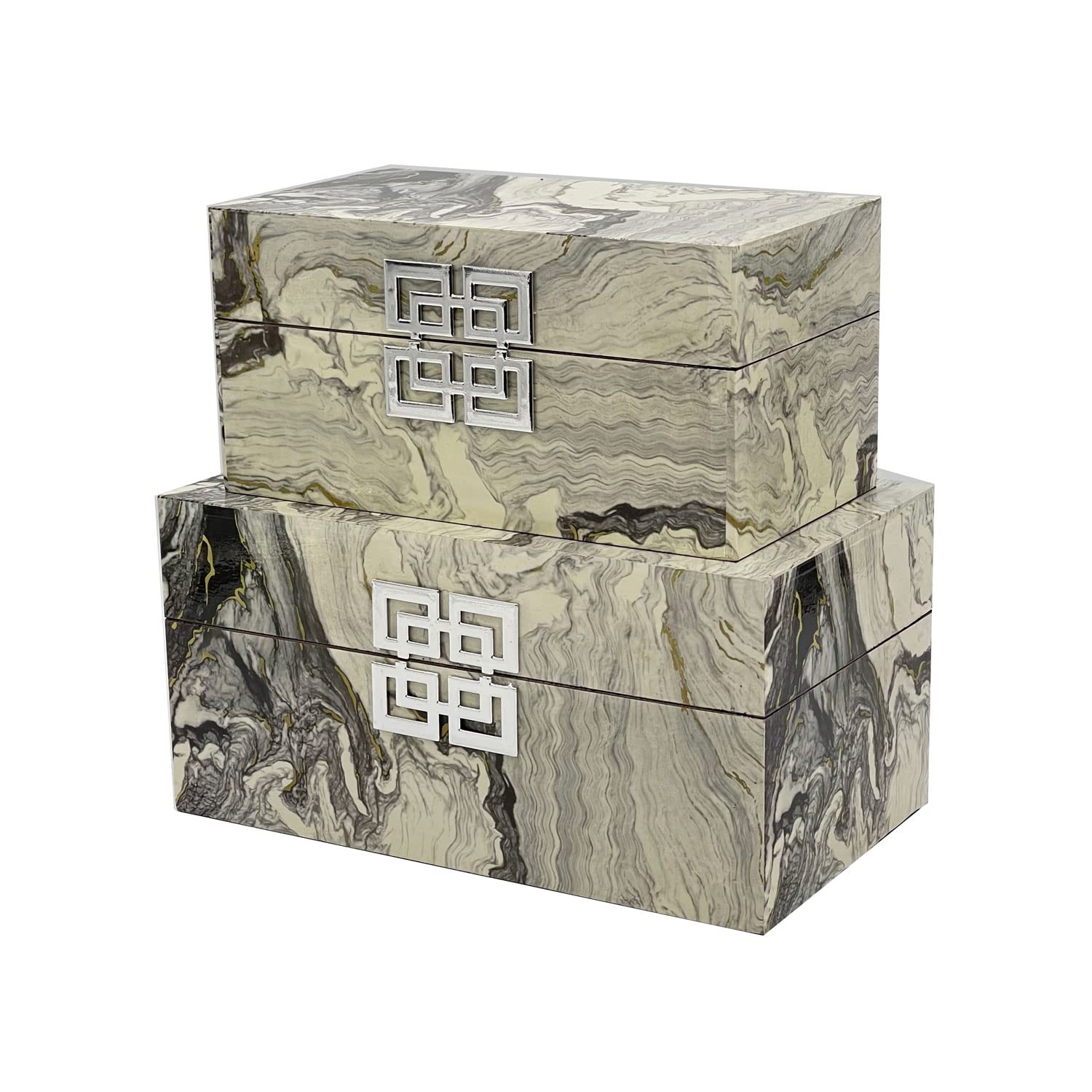 Galt International Jewelry Box Set of 2 - Large & Small White Marble Jewelry Organizer with Silver Clasp - Classic Black & White Marble Decor Boxes for Bedroom, Vanity & Home Storage - Perfect for Rings, Necklaces & Earrings Organization