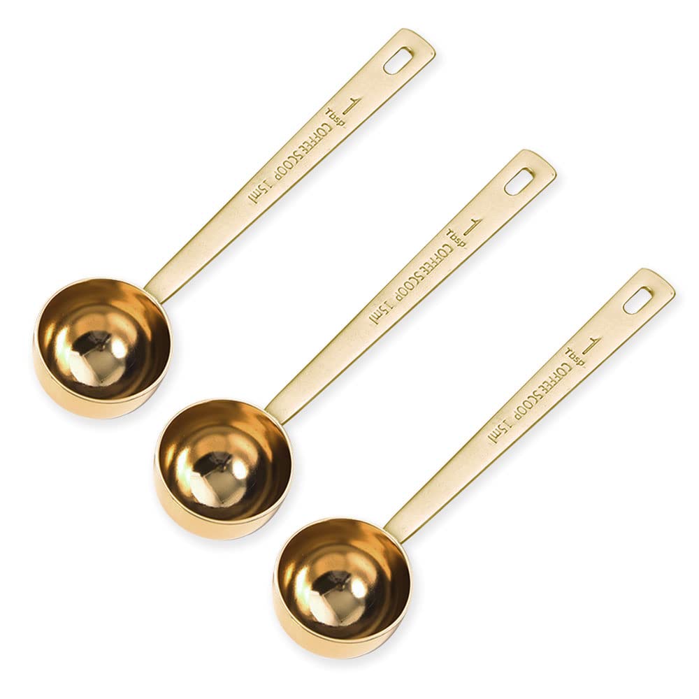 3Pcs Stainless Steel Coffee Measuring Scoops with Long Handle - Perfect for Coffee, Tea, Sugar, Protein Powder & Baking Ingredients | Ideal for Home Kitchen, Coffee Shops & Bakeries (Gold)