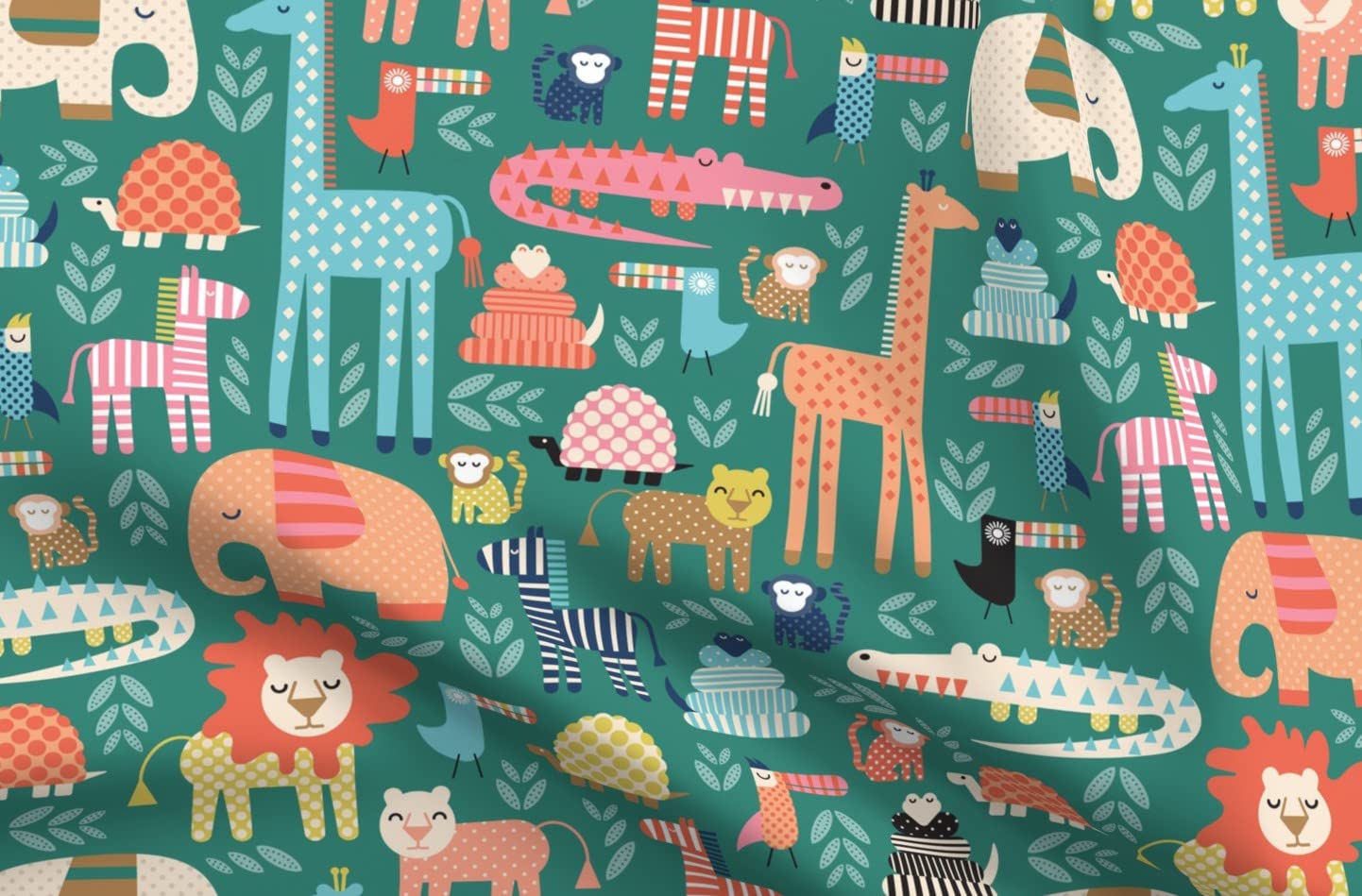 Jungle Fun Large Birds & Animals Printed Organic Cotton Sateen Fabric by The Yard - Lion, Zebra, Monkey, Giraffe Design for Sewing, Quilting, Apparel & Home Decor | Perfect for DIY Projects, Kids' Clothing & Nursery Decor