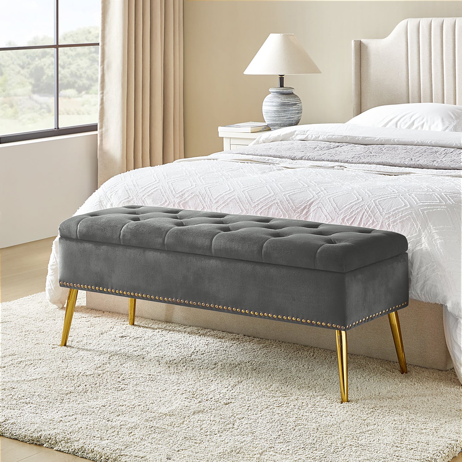 Lenore Upholstered Storage Bench with Cushion Seat - Modern Upholstered Ottoman for Bedroom, Living Room & Entryway - Multi-Functional Storage Furniture for Home Organization