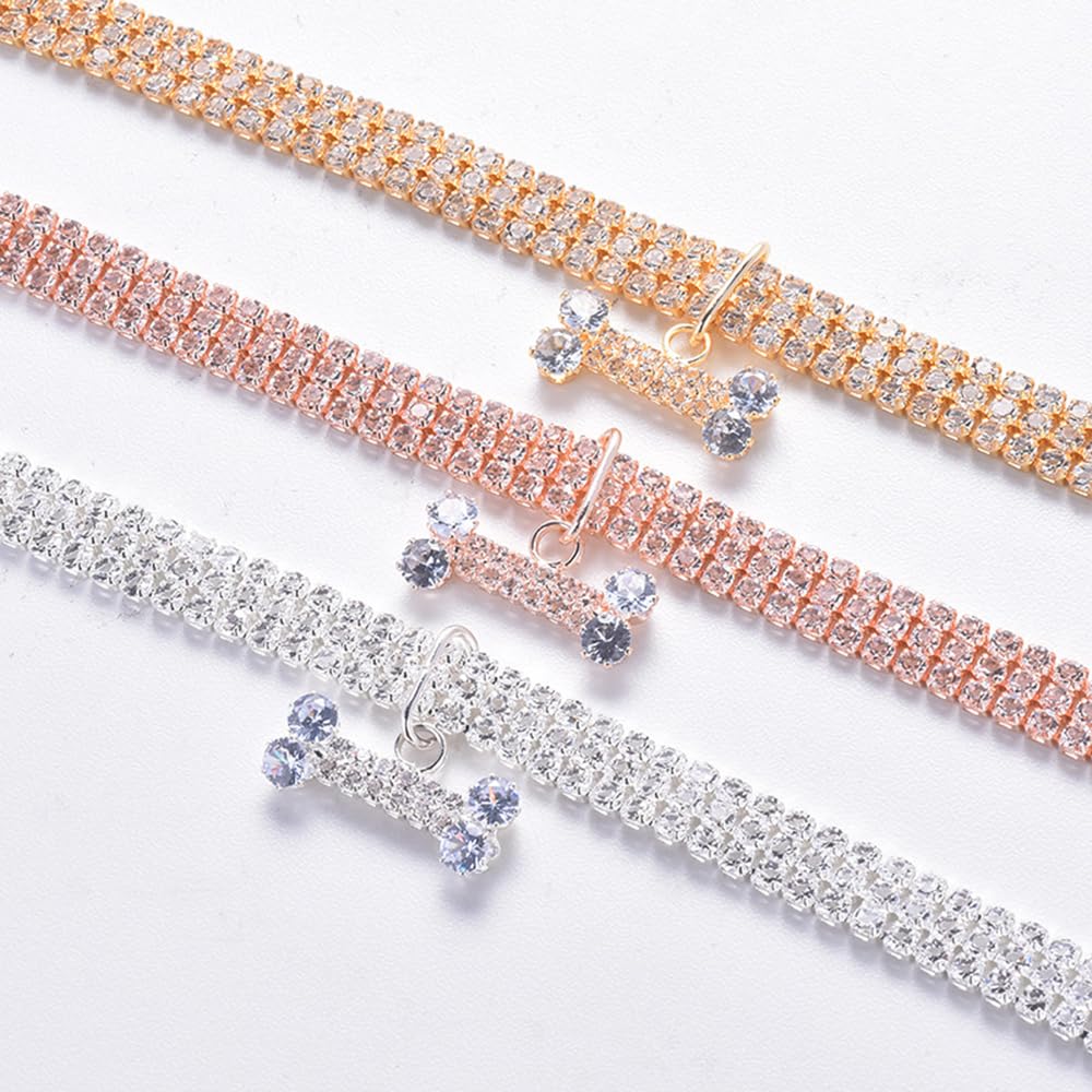 Sparkling Adjustable Rhinestone Pet Collar Necklace for Dogs & Cats - Fashion Bling Bone Design with 3 Rows Diamonds - Perfect for Weddings, Birthday Parties & Special Occasions - Silver Shiny Jewelry Gift for Small Puppies & Kittens