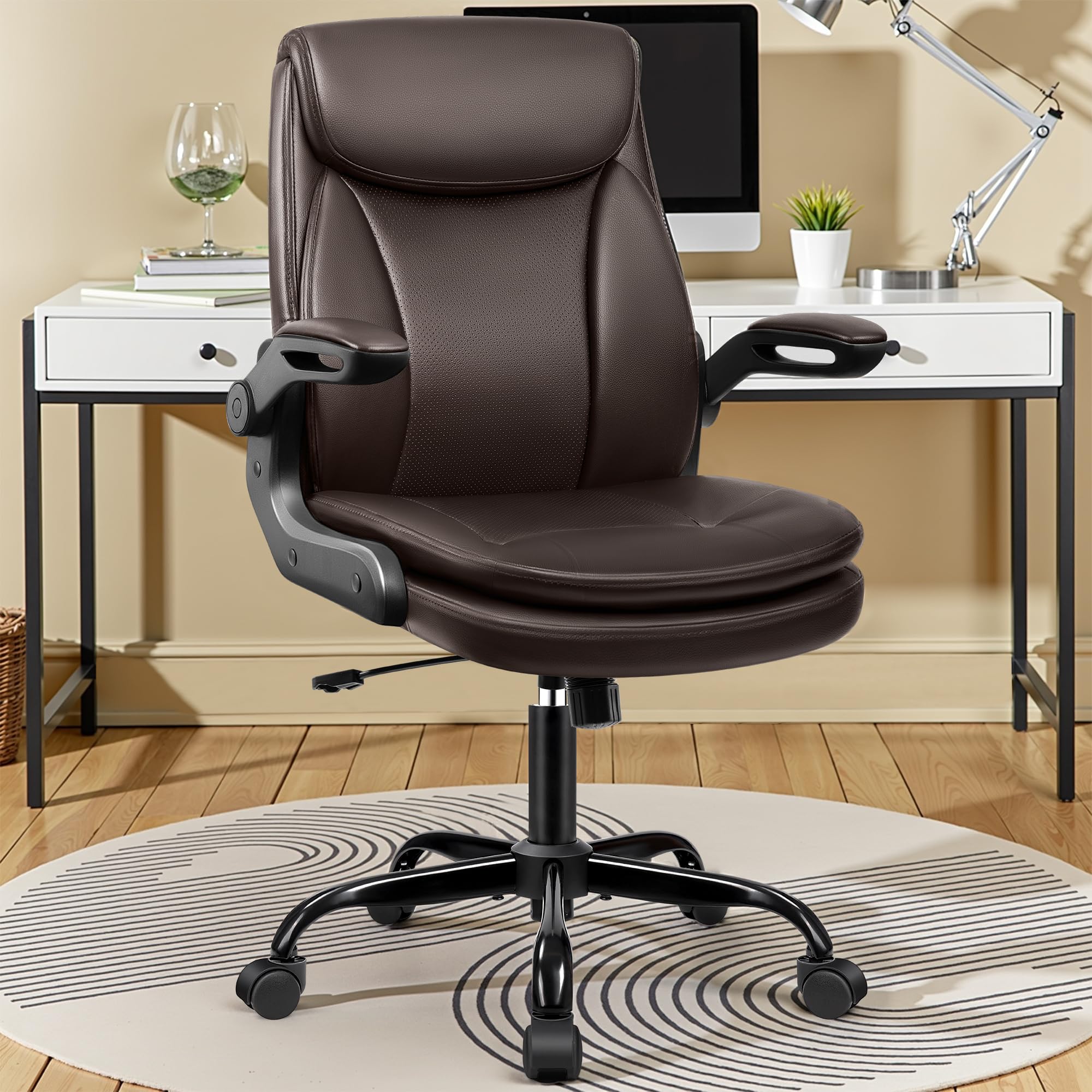 Premium Ergonomic Office Chair with Lumbar Support - Adjustable Height Executive Desk Chair with Flip-Up Armrests & Rocking Function, High-Quality Leather Computer Chair for Home Office, Conference Rooms & Workspaces