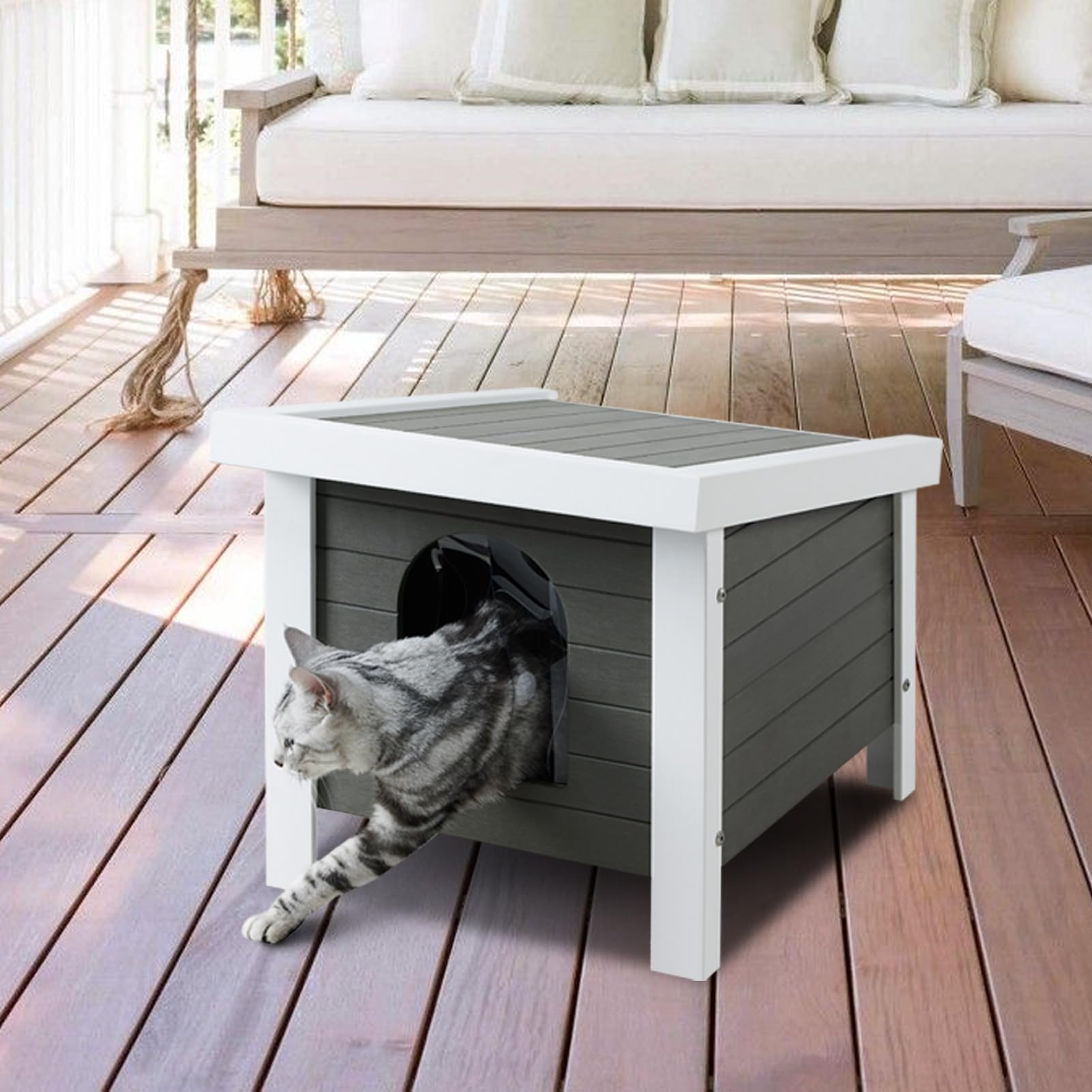 Eongdn Insulated Waterproof Outdoor Cat House - Winter Weatherproof Shelter for Feral Cats (Gray, PS Material) - Perfect for Backyards, Porches & Cold Weather Protection