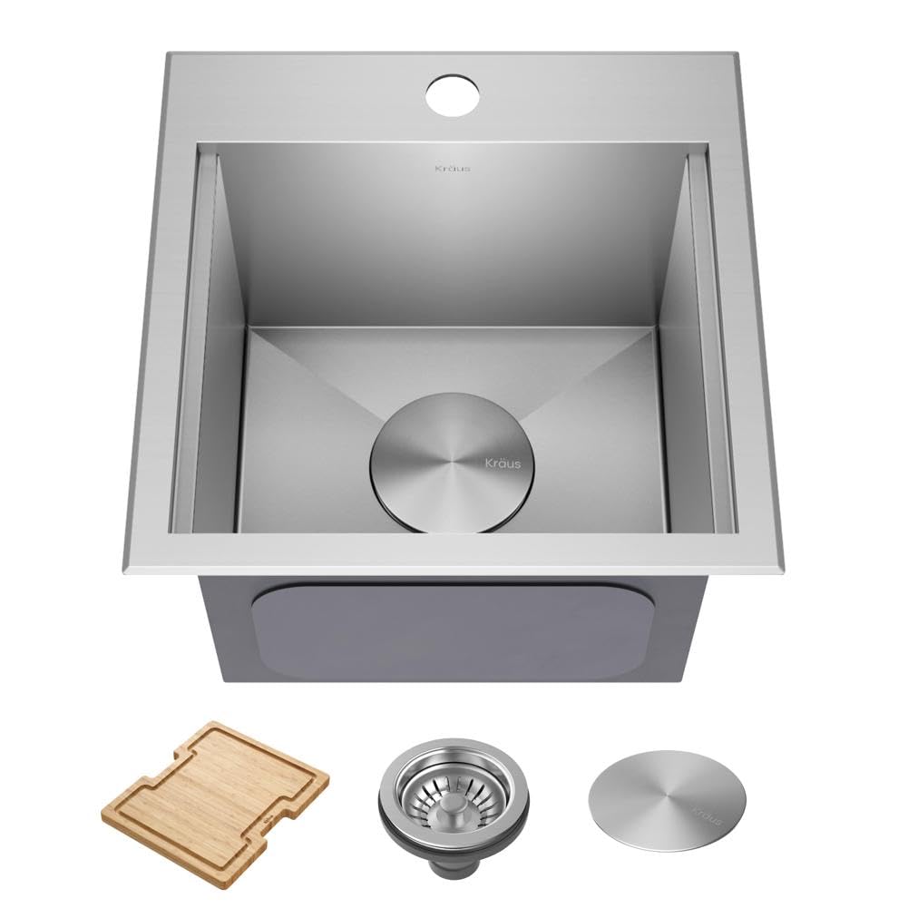 KRAUS Kore 15-Inch Drop-In/Top Mount Stainless Steel Kitchen Sink - 16 Gauge Single Bowl Bar Prep Sink with Accessories (Model KWT321-15) - Perfect for Small Kitchens, Bars, and Food Prep Stations