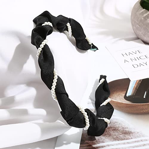 Velvet Pearl Cross Headband for Women & Girls - Vintage Pearl Hair Band with Bezel Design - Elegant Hair Accessories for Weddings, Parties & Everyday Wear