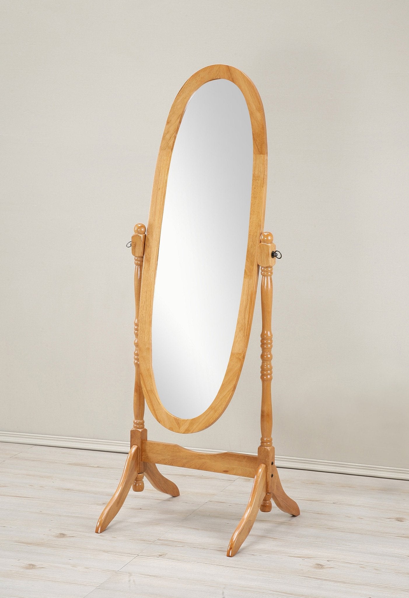 Roundhill Furniture Traditional Queen Anne Style Wood Floor Cheval Mirror, Oak Finish - Elegant Full-Length Standing Mirror for Bedroom, Living Room, or Dressing Area