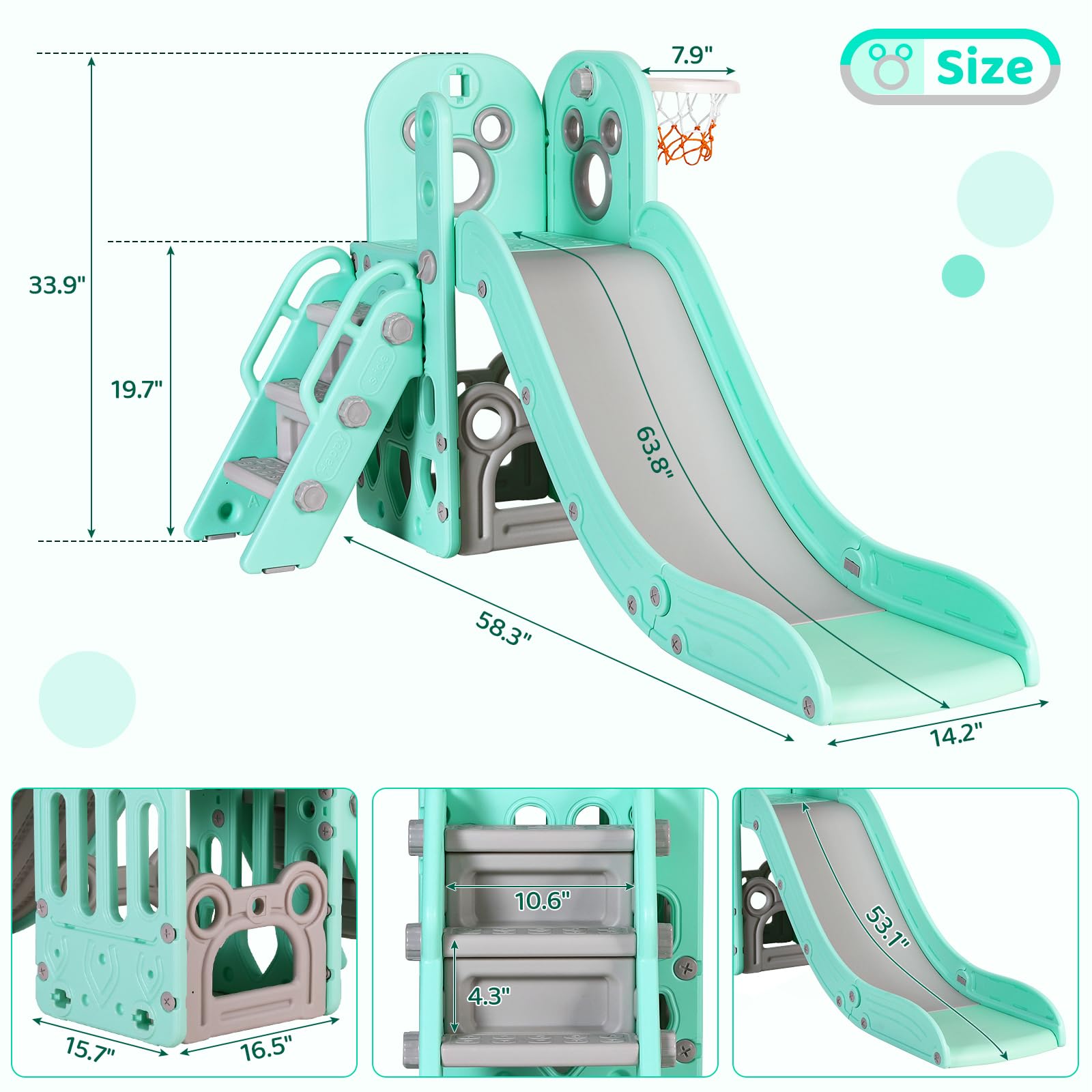 Arlopu 5-in-1 L-Shaped Kids Slide Climber Set with Basketball Hoop, Storage Space & Non-Slip Steps - Indoor/Outdoor Toddler Playset for Boys & Girls Ages 3+ (Light Green) | Perfect for Backyards, Playrooms & Birthday Gifts