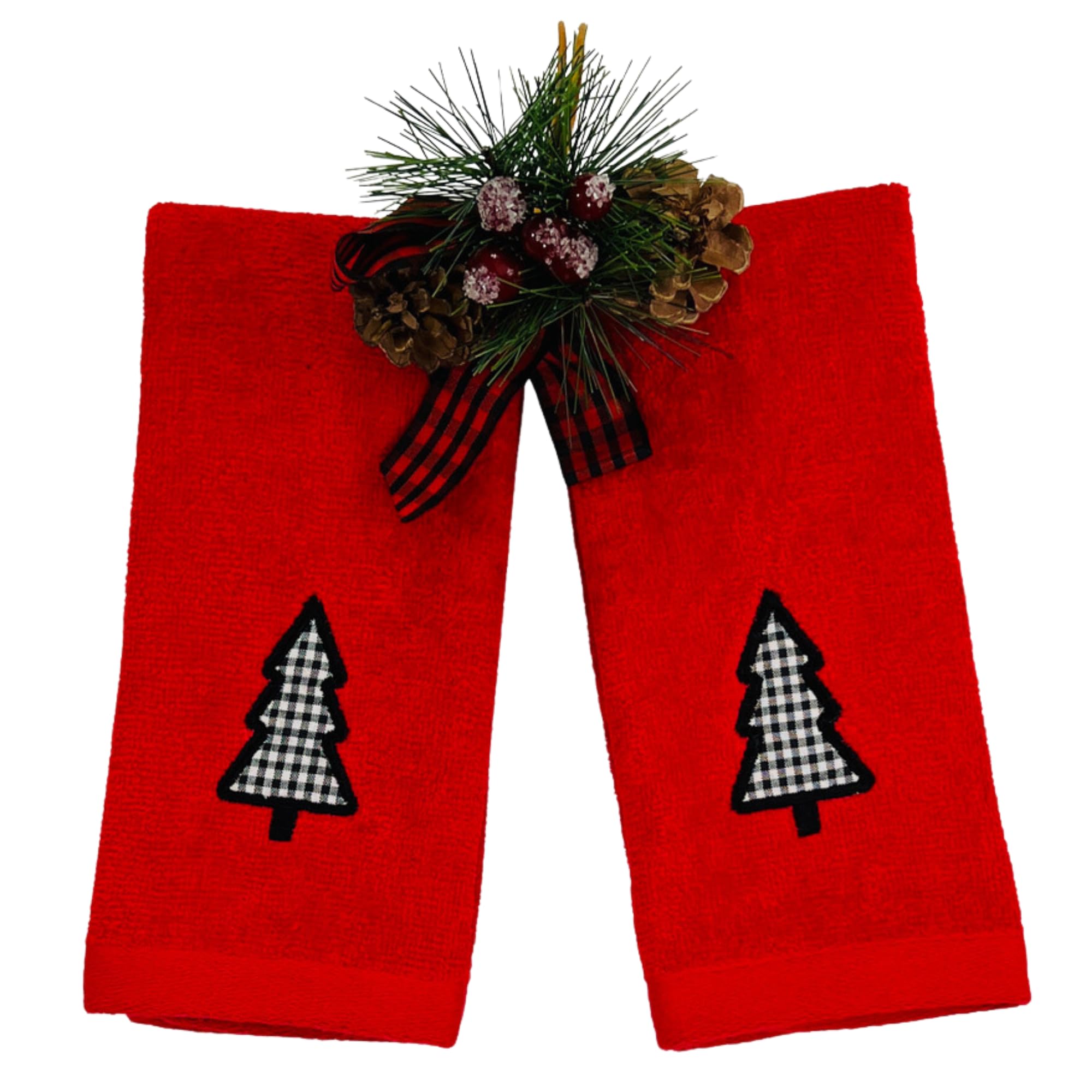 Luxury Christmas Red Towel Set - Embroidered Check Tree Bathroom Fingertip Towels (Set of 2) | Holiday Home Decor & Festive Gift Idea